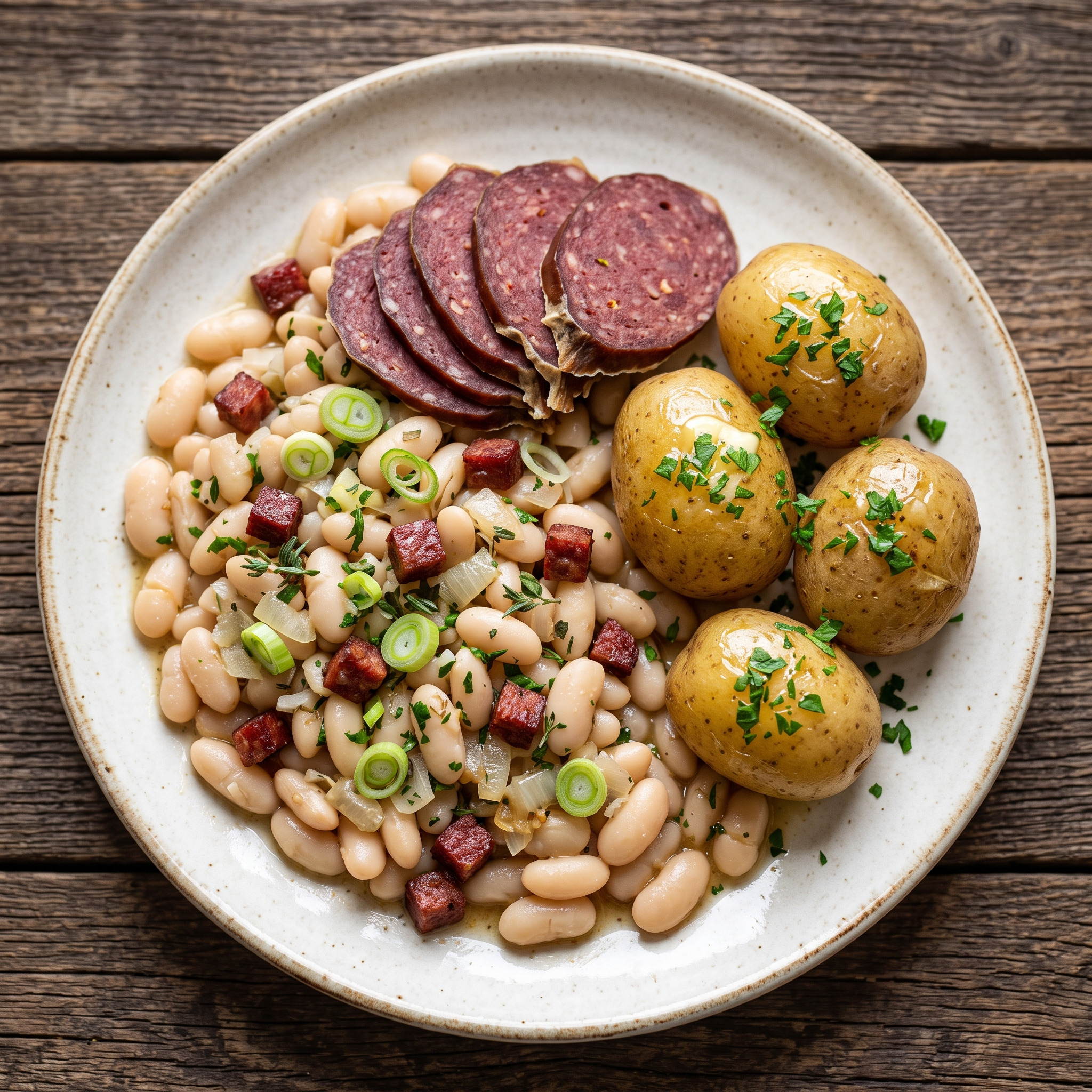 Ahle Wurscht mit weißen Bohnen und Pellkartoffeln