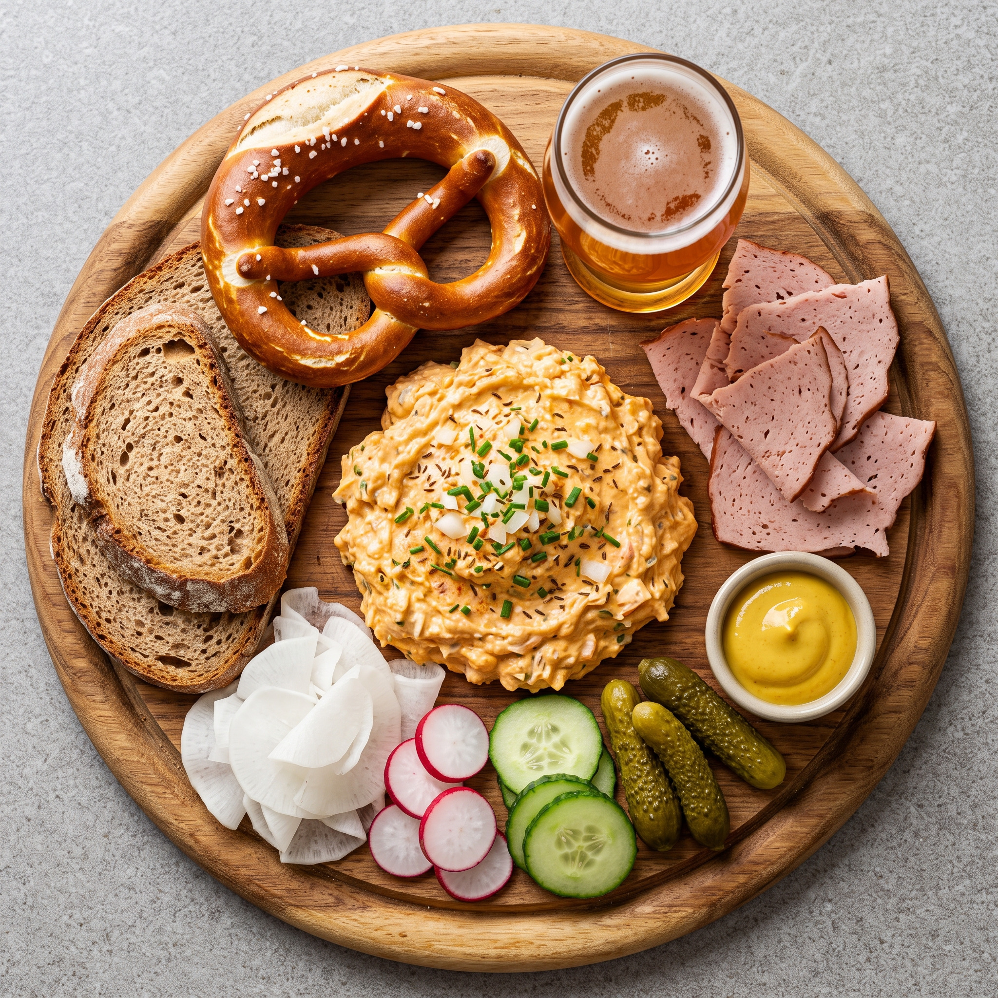 Bayerische Brotzeitplatte mit Obatzter und Leberkäse