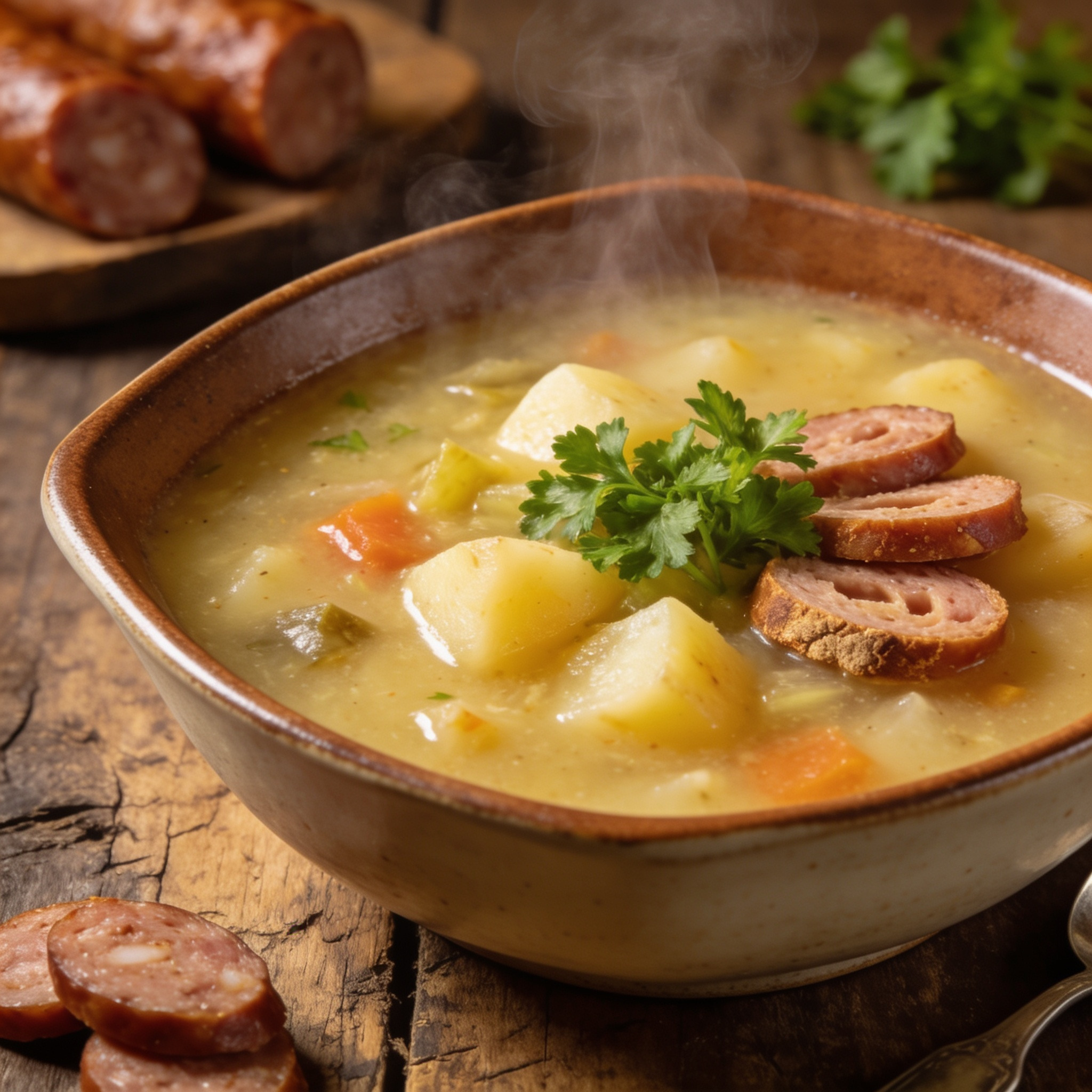 Ein dampfender Teller bayerische Kartoffelsuppe wärmt an gemütlichen Tagen.