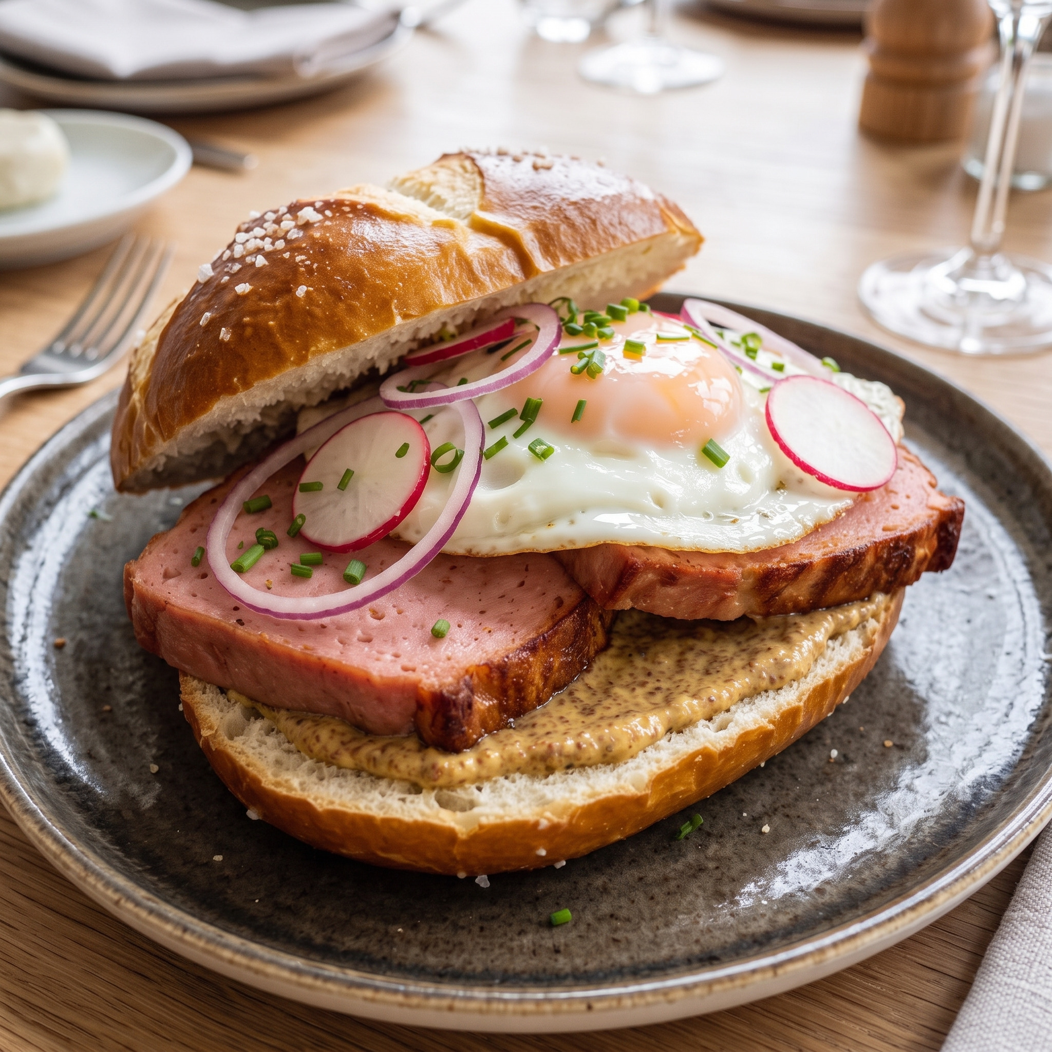 Bayerische Leberkäsesemmel mit Spiegelei