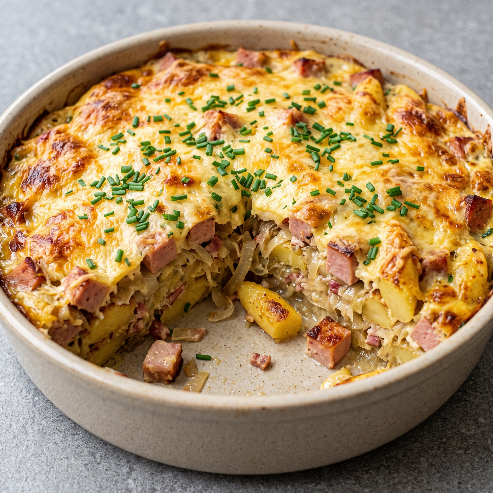 Bayerischer Leberkäse-Auflauf mit Sauerkraut und Schupfnudeln