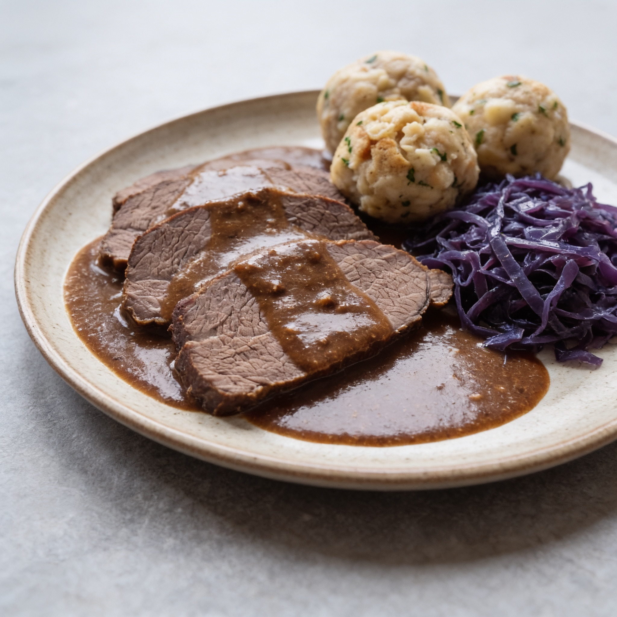 Bayern | Bayerischer Sauerbraten | Zartes Rindfleisch in säuerlicher Lebkuchensoße mit Knödeln und Rotkohl