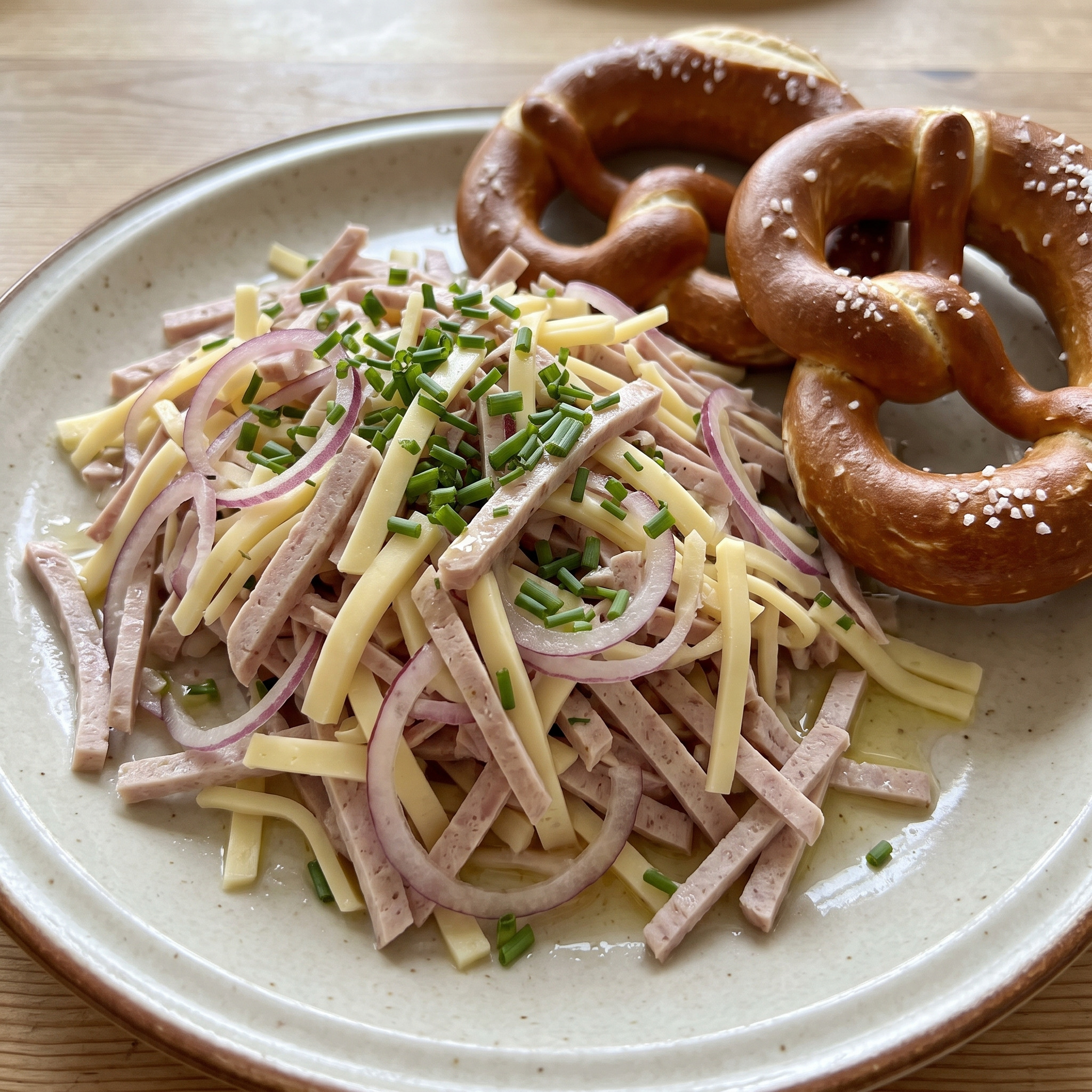 Bayerische Brotzeit | Bayerischer Wurstsalat | Fein geschnittene Stadtwurst mit Emmentaler in säuerlicher Essig-Öl-Marinade