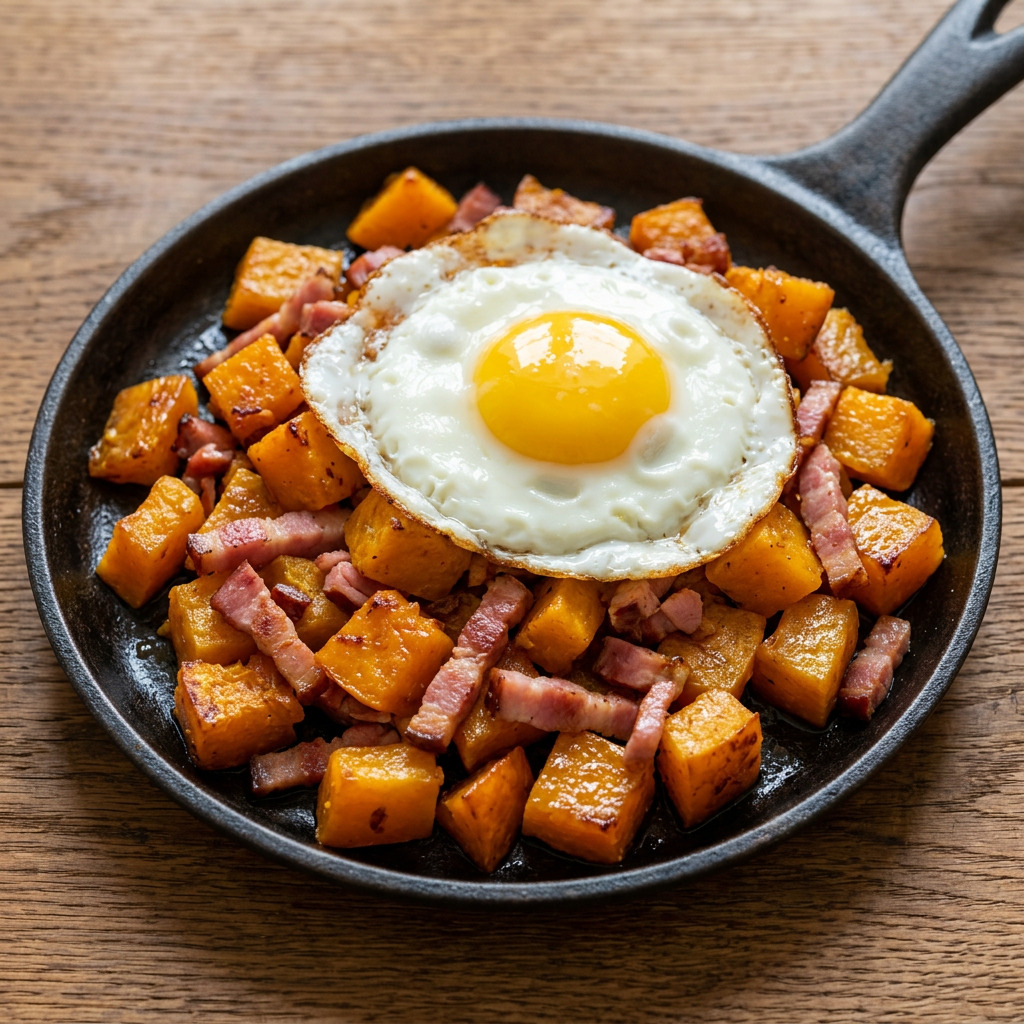 Bayerisches Frühstück mit Kürbis, Schinken und Ei