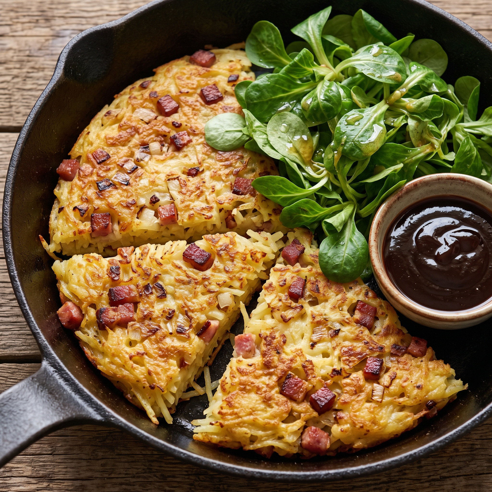 Bergischer Kartoffelpfannkuchen | Pillekuchen mit Speck | Goldbraun aus der Pfanne, herzhaft mit Speck und knackigem Feldsalat.