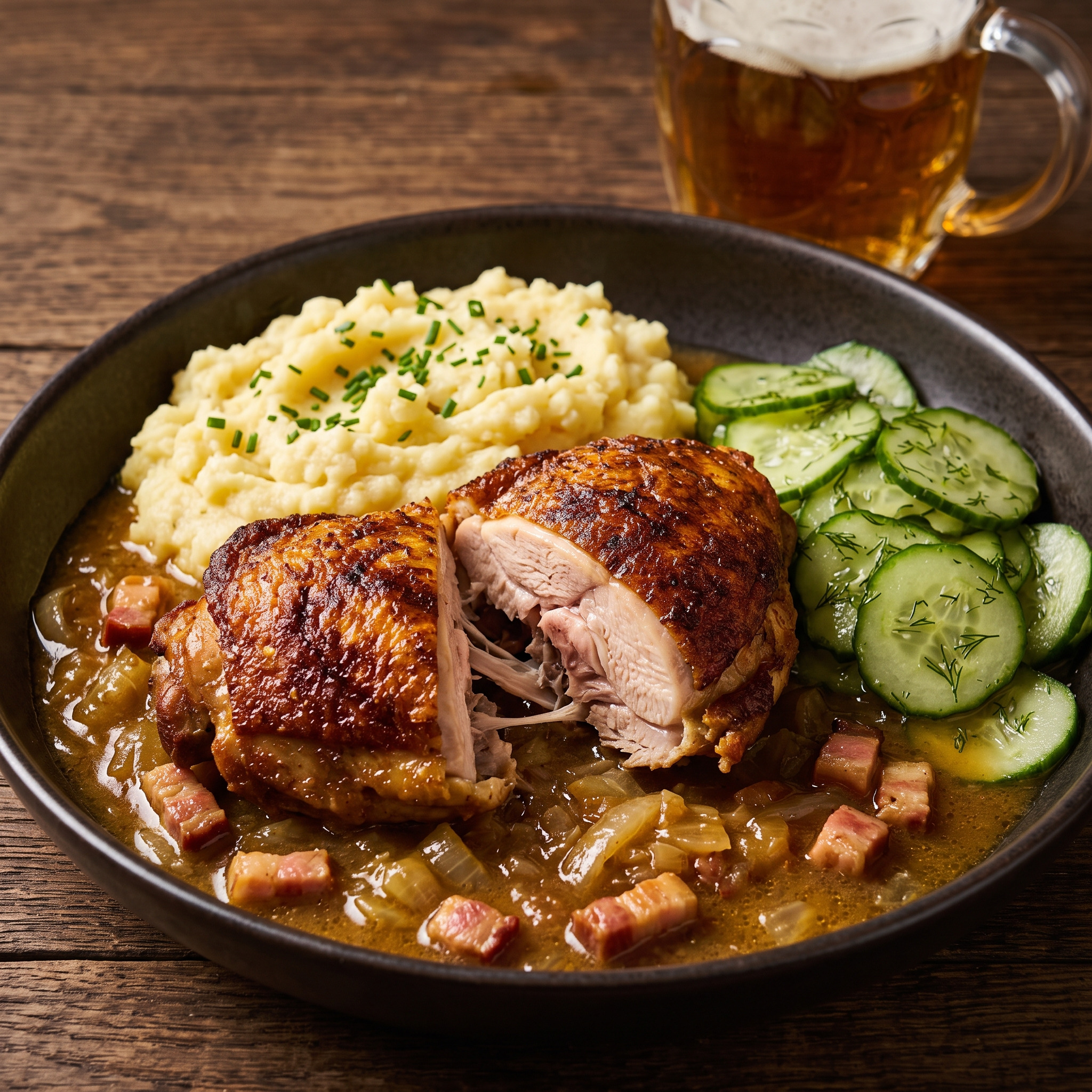 Berliner Bierhähnchen mit Kartoffelstampf