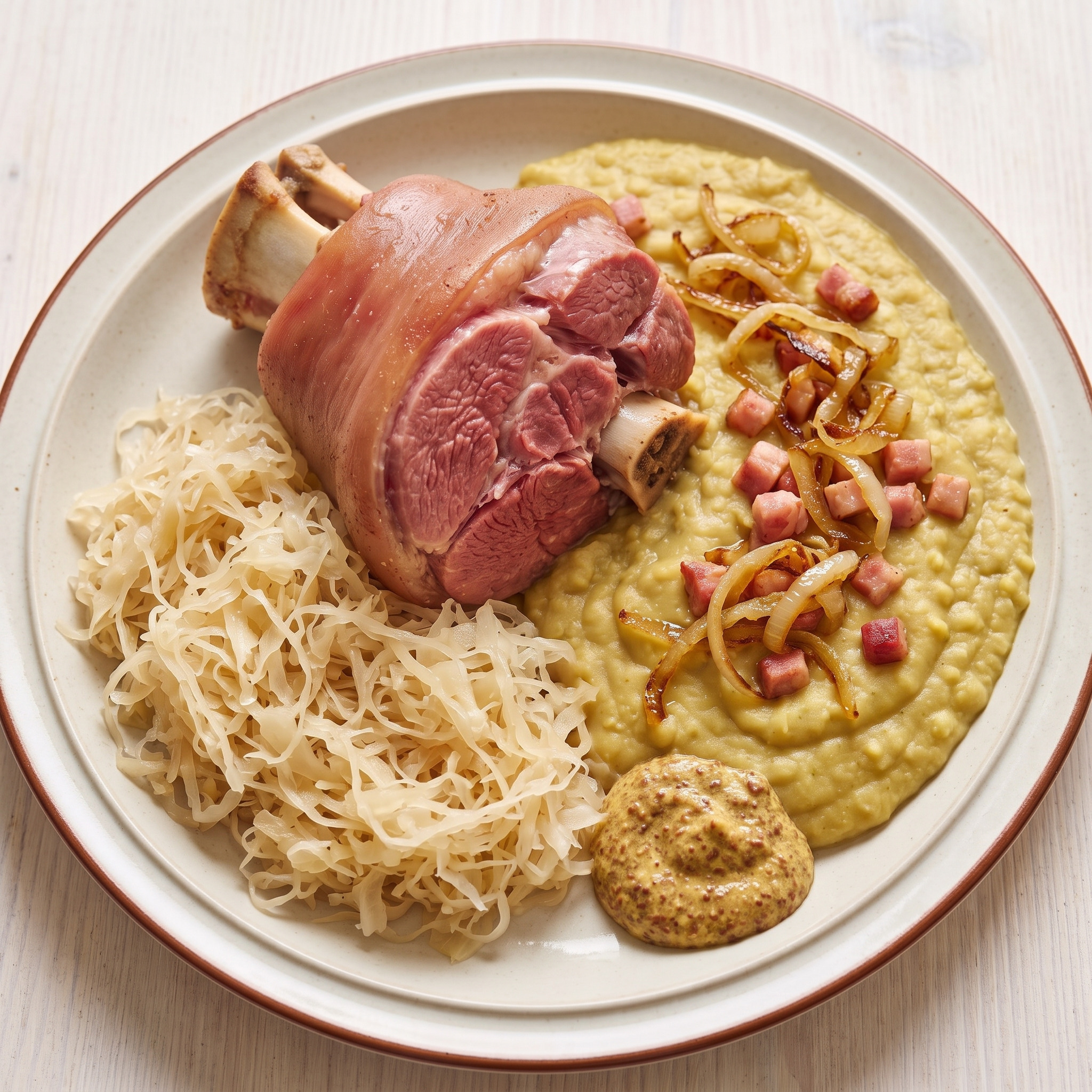 Berliner Hauptgericht | Eisbein mit Erbspüree und Sauerkraut | Zartes Eisbein, cremiges Erbspüree und würziges Sauerkraut