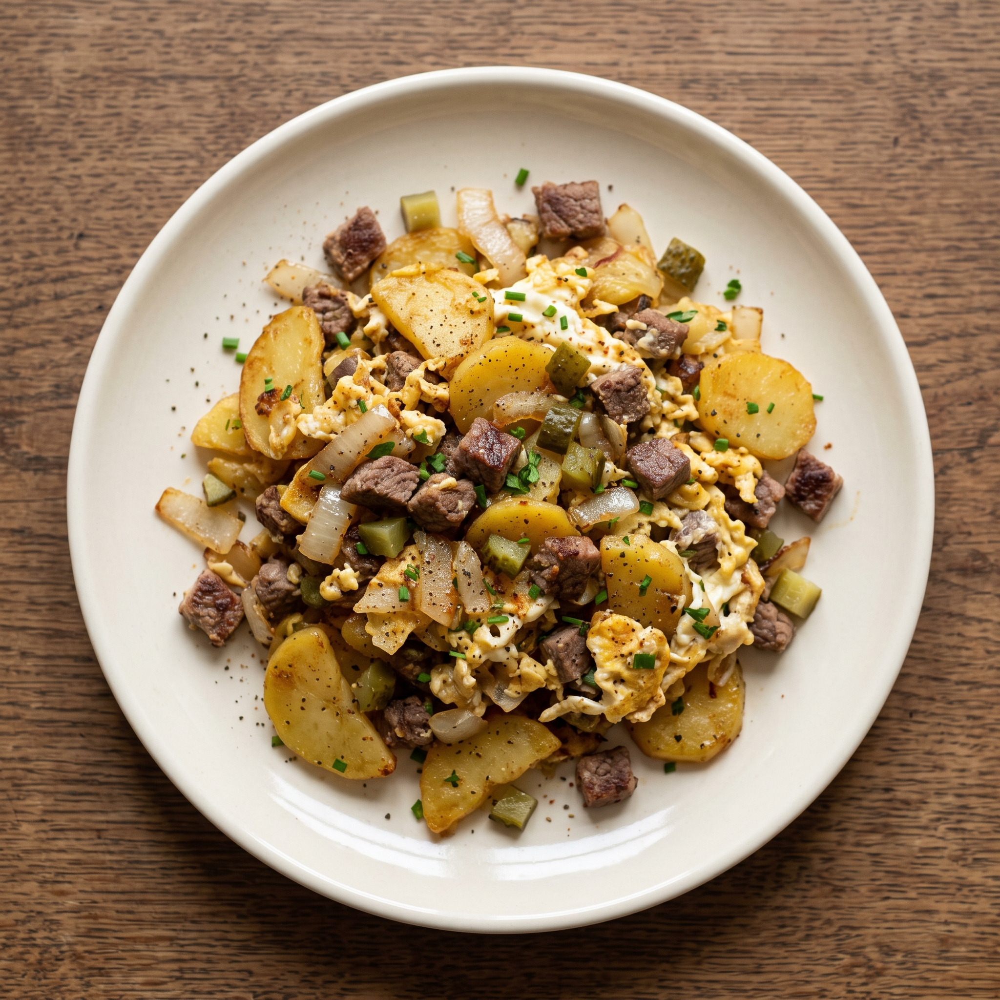 Berliner Kartoffelgericht | Berliner Hoppelpoppel mit Rindfleisch | Knusprige Kartoffeln, würziges Rindfleisch und cremiges Ei