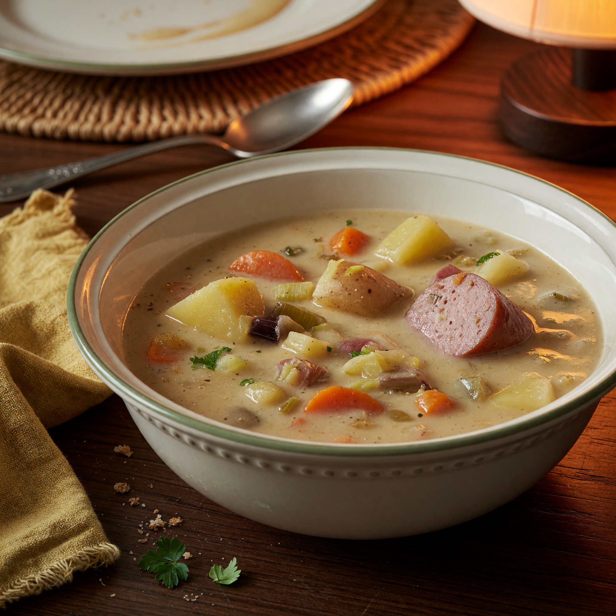 Berliner Kartoffelsuppe wärmt mit Gemüse und herzhafter Einlage.