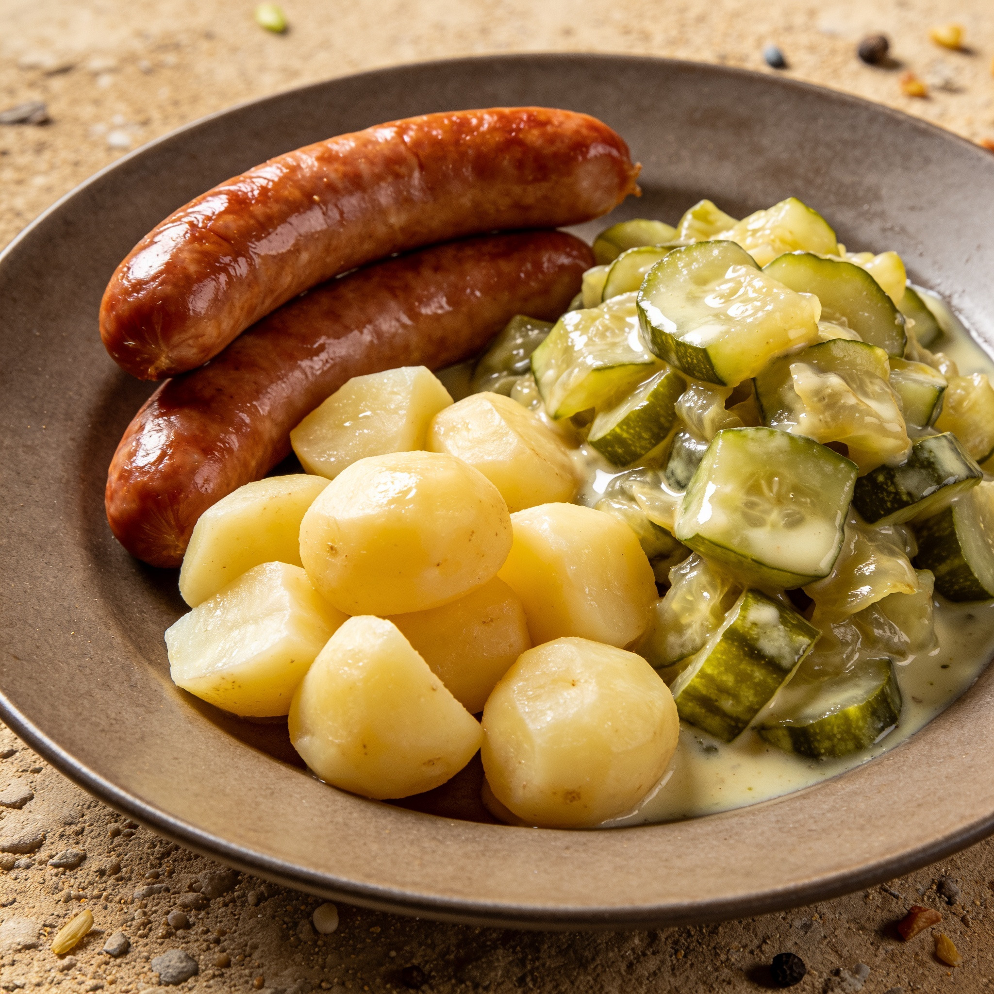 Bockwurst mit Schmorgurken und Salzkartoffeln