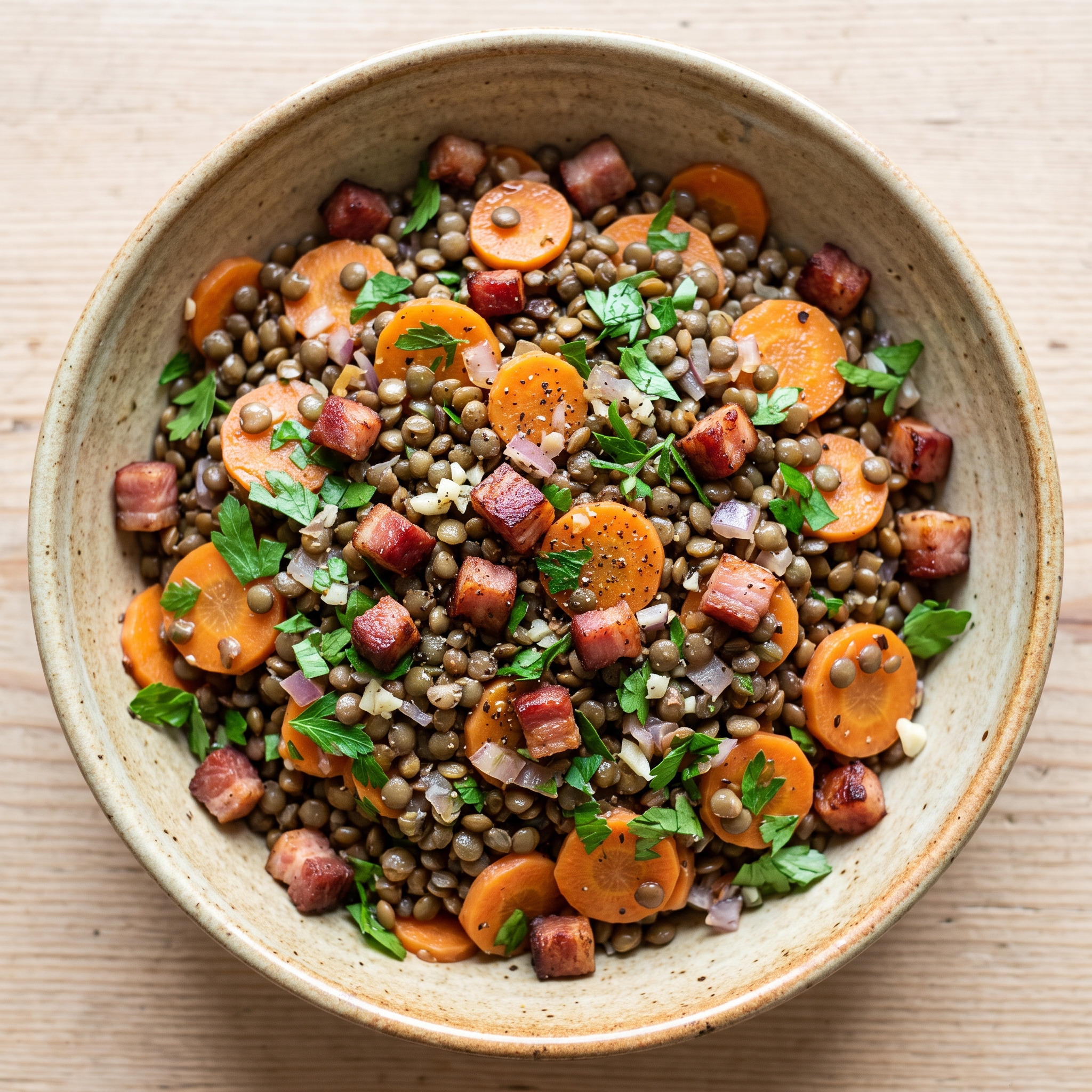 Brandenburgischer Linsensalat mit Räucherspeck und Möhren