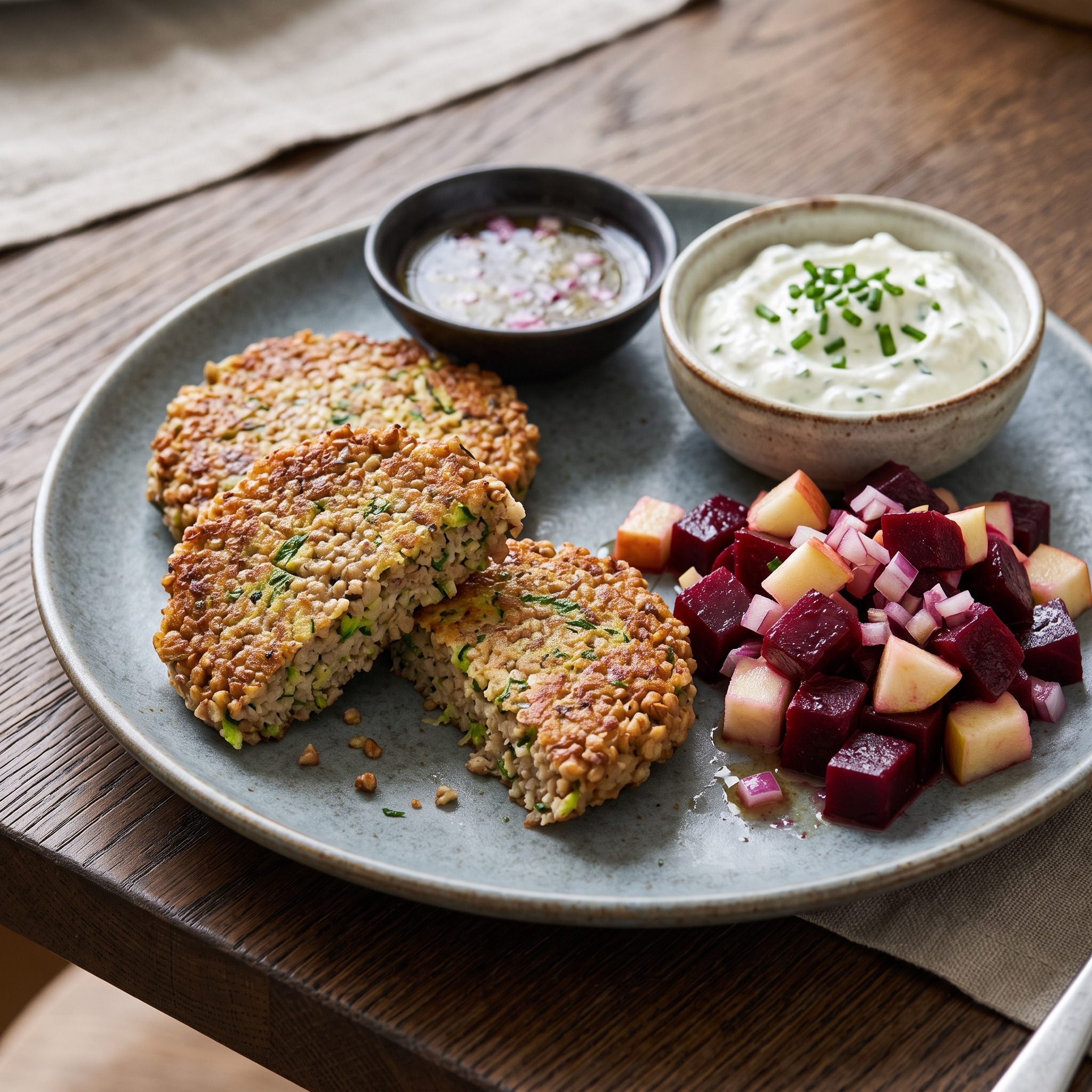 Buchweizen-Zucchini-Bratlinge mit Kräuterquark