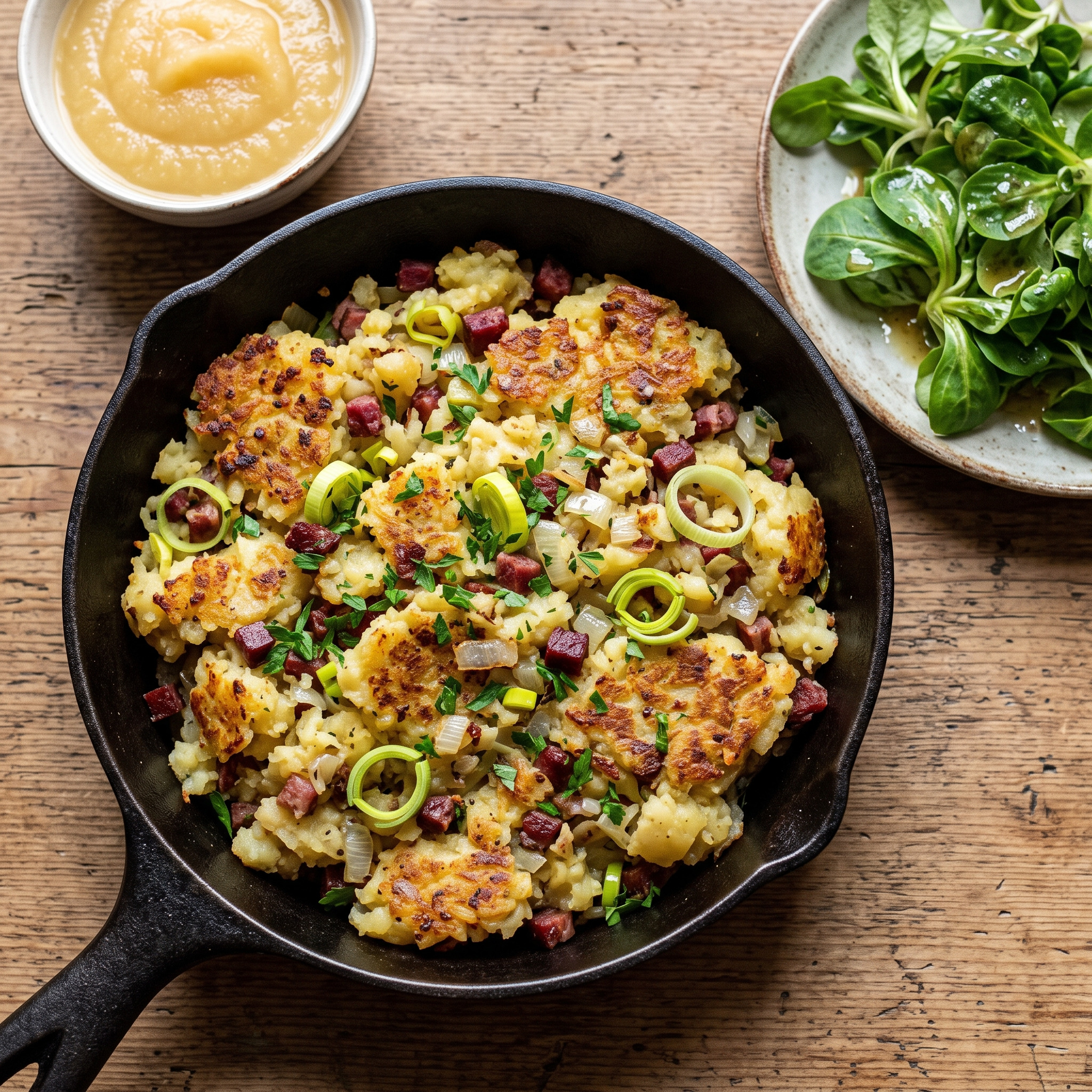 Dibbelabbes mit Apfelmus und Feldsalat