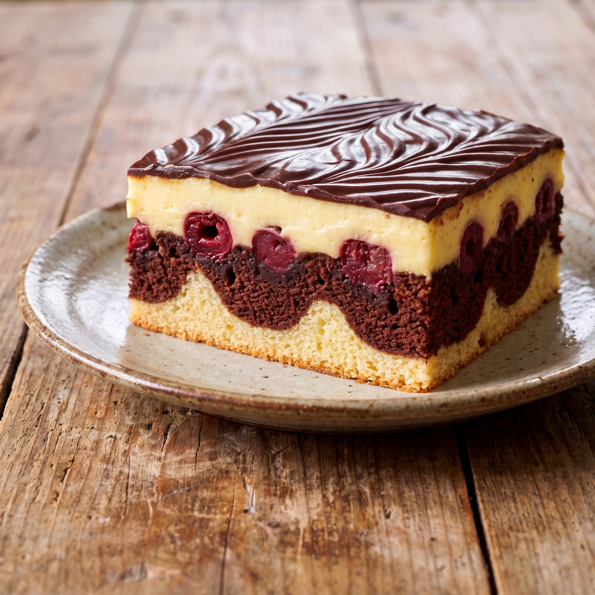 Klassischer Blechkuchen | Donauwelle | Saftiger Marmor-Rührteig mit Sauerkirschen, Vanillecreme und welligem Schokoguss.