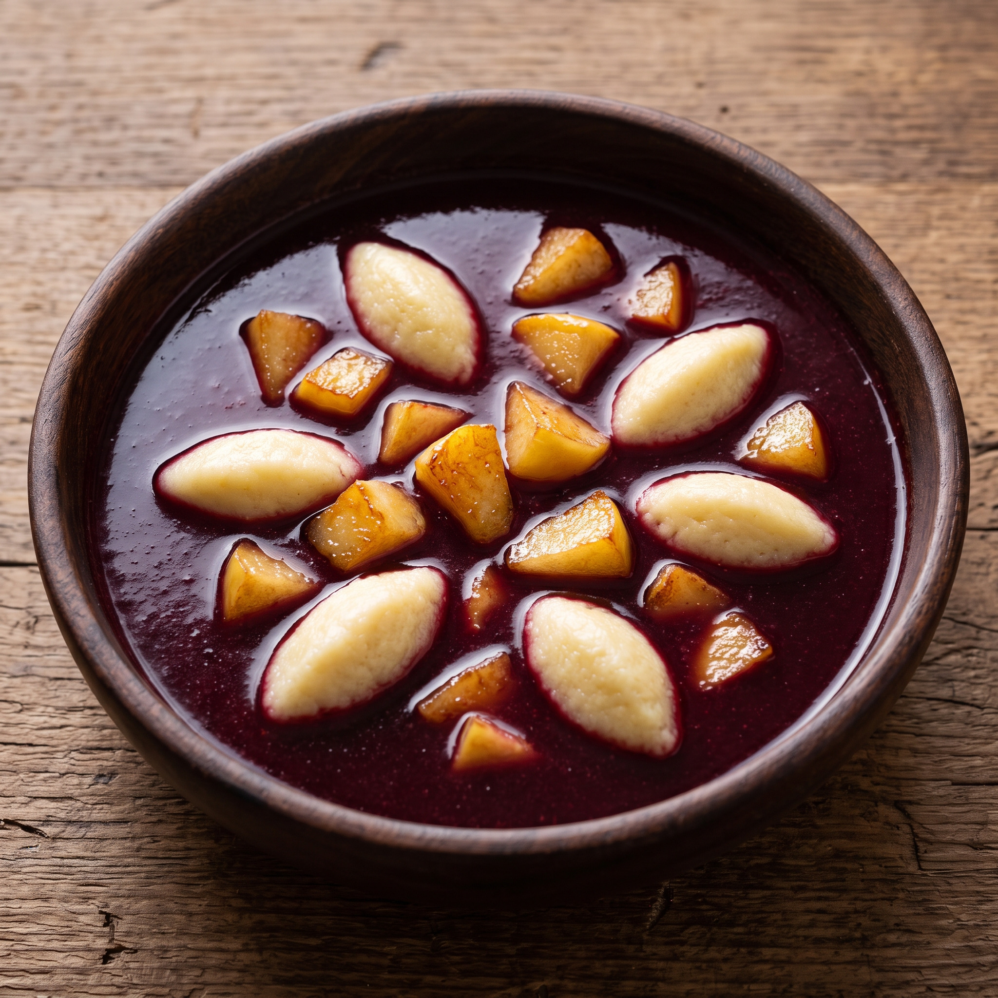 Fliederbeersuppe mit karamellisierten Äpfeln und Grießklößchen