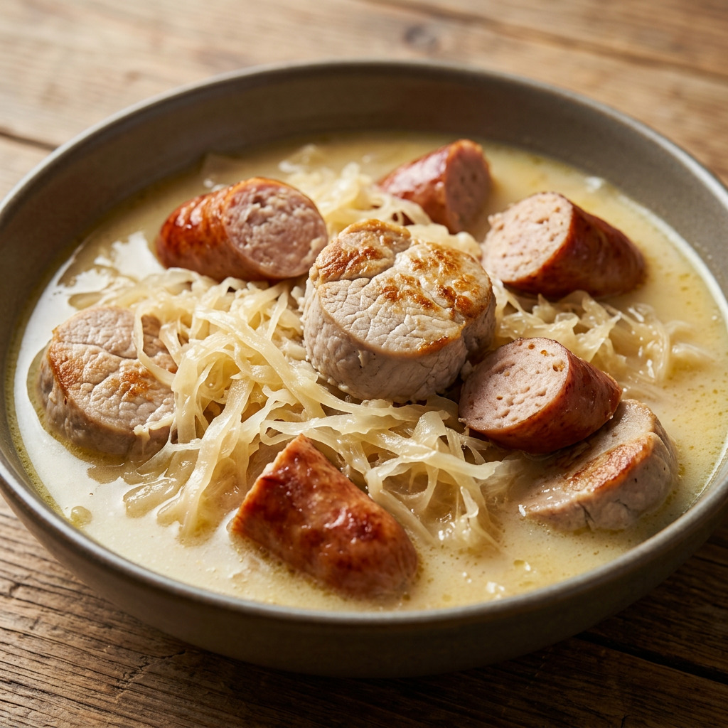 Fränkischer Sauerkrauteintopf mit Schweinefilet und Bratwurst