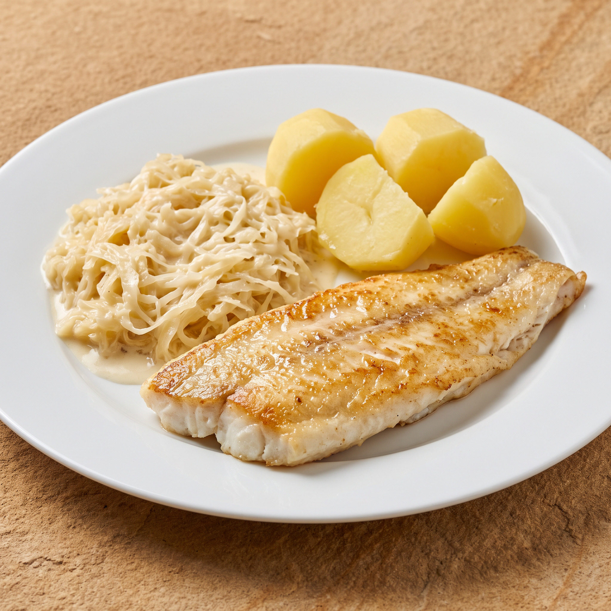 Gebratenes Zanderfilet mit Rahmsauerkraut und Salzkartoffeln