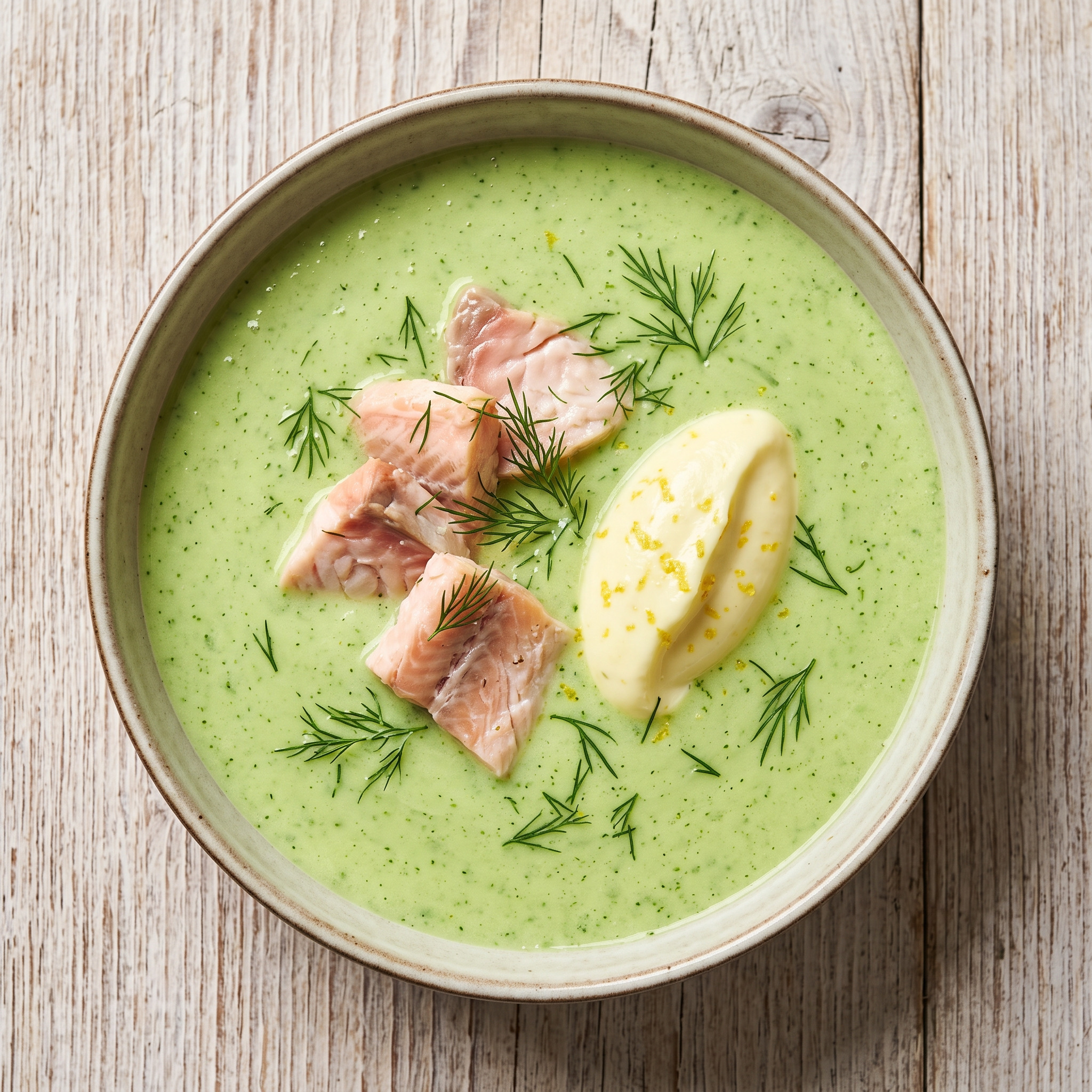 Gurkenkaltschale mit Gin, Joghurt und Bachsaibling