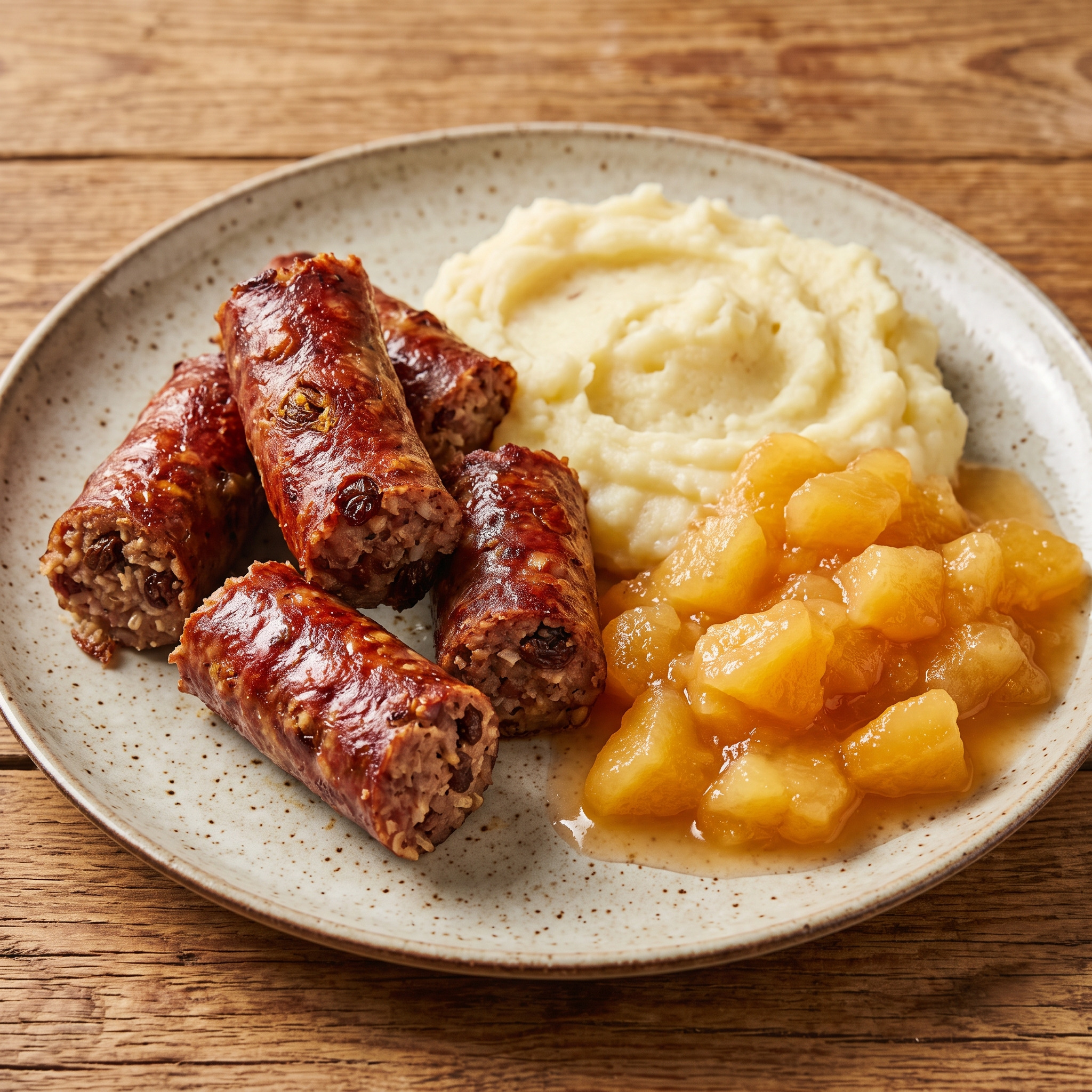 Hamburger Grützwurst mit Kartoffelstampf und Apfelkompott