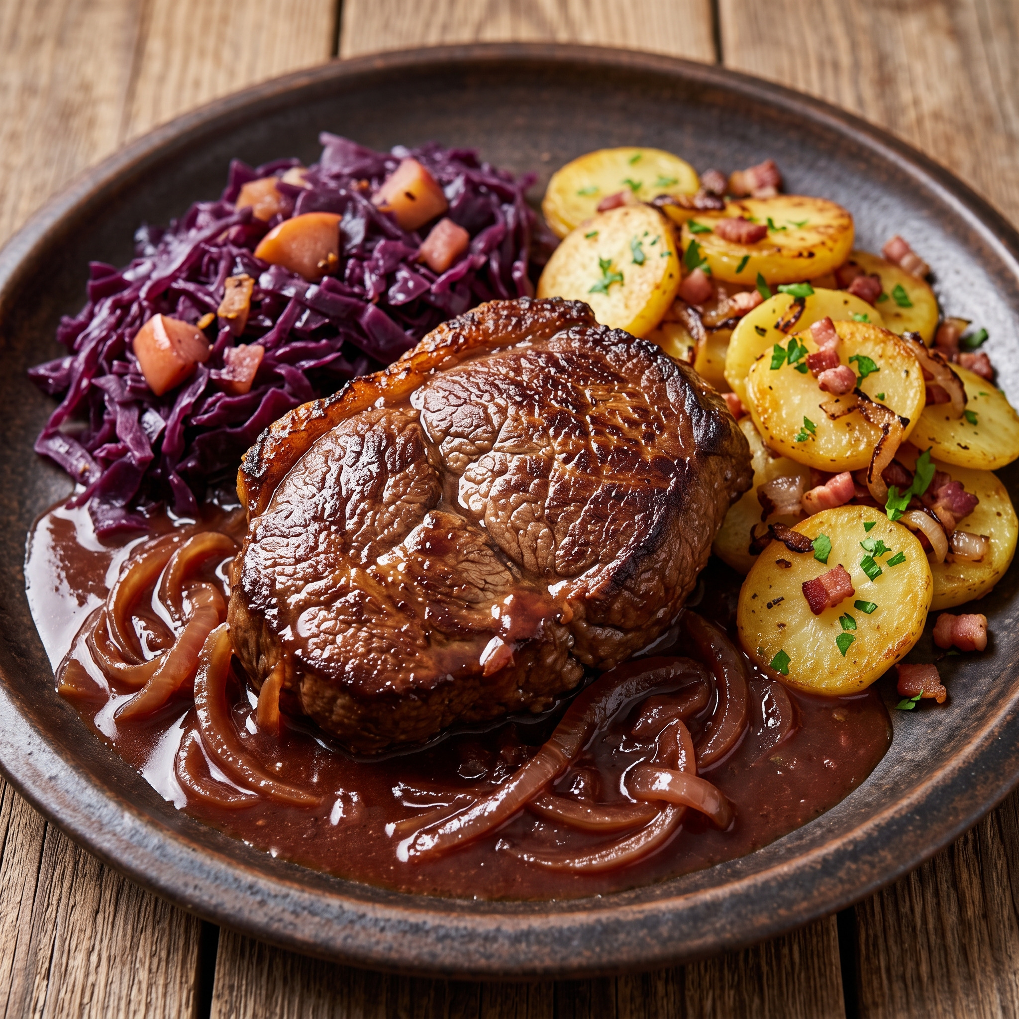 Hamburger Schmorsteak mit Rotkohl und Bratkartoffeln