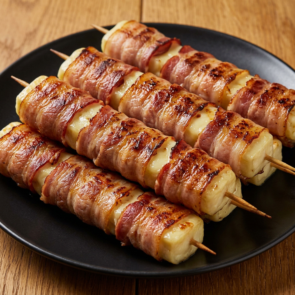 Harzer Käse-Spieße im Speckmantel