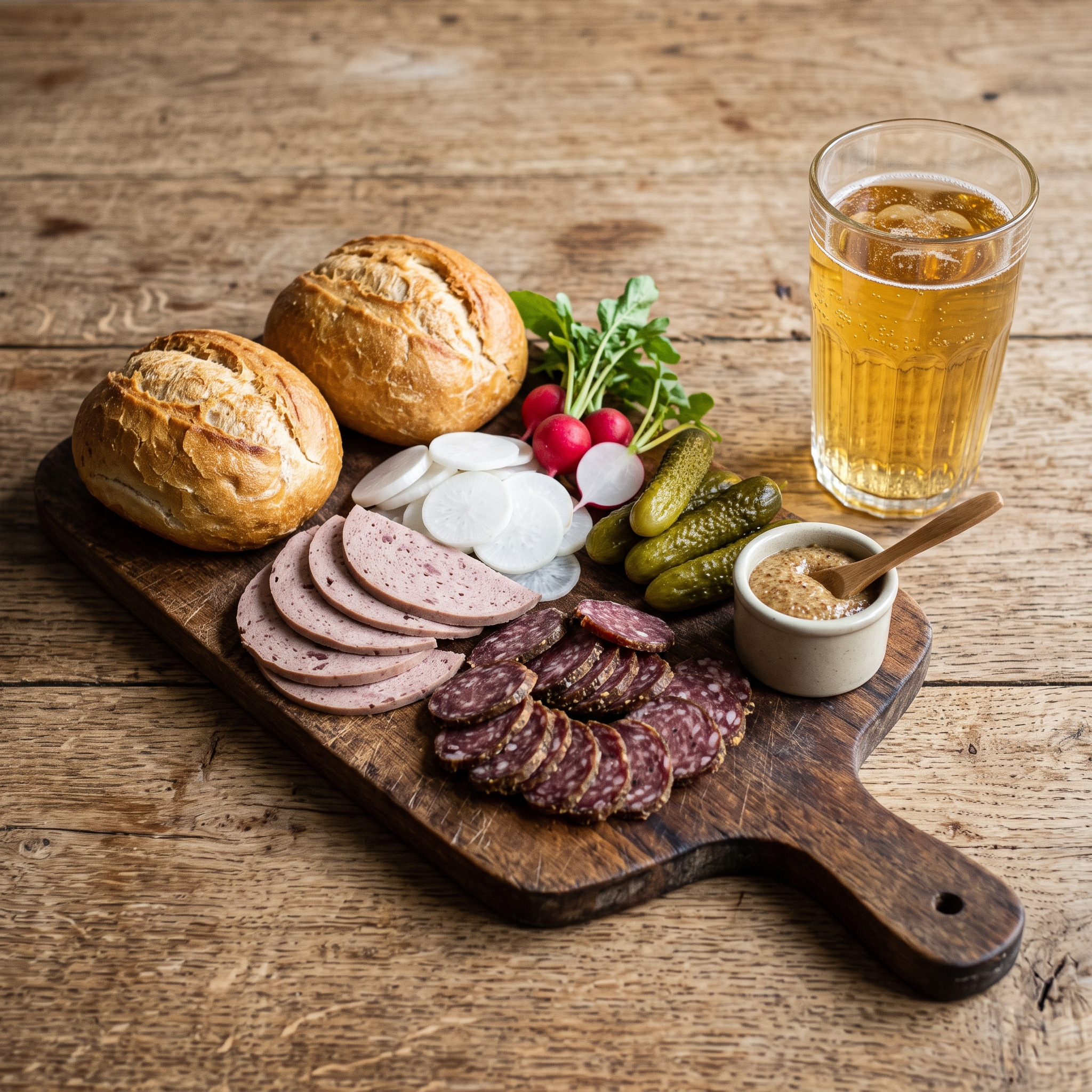 Hessische Brotzeit | Weck, Worscht un Woi | Frischer Handkäse, Wurst, Radi und Bauernbrot.