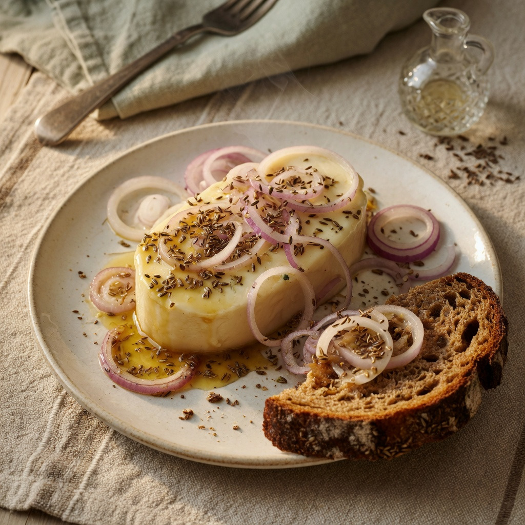 Hessischer Handkäse, würzig mariniert und bereit für die Brotzeit.
