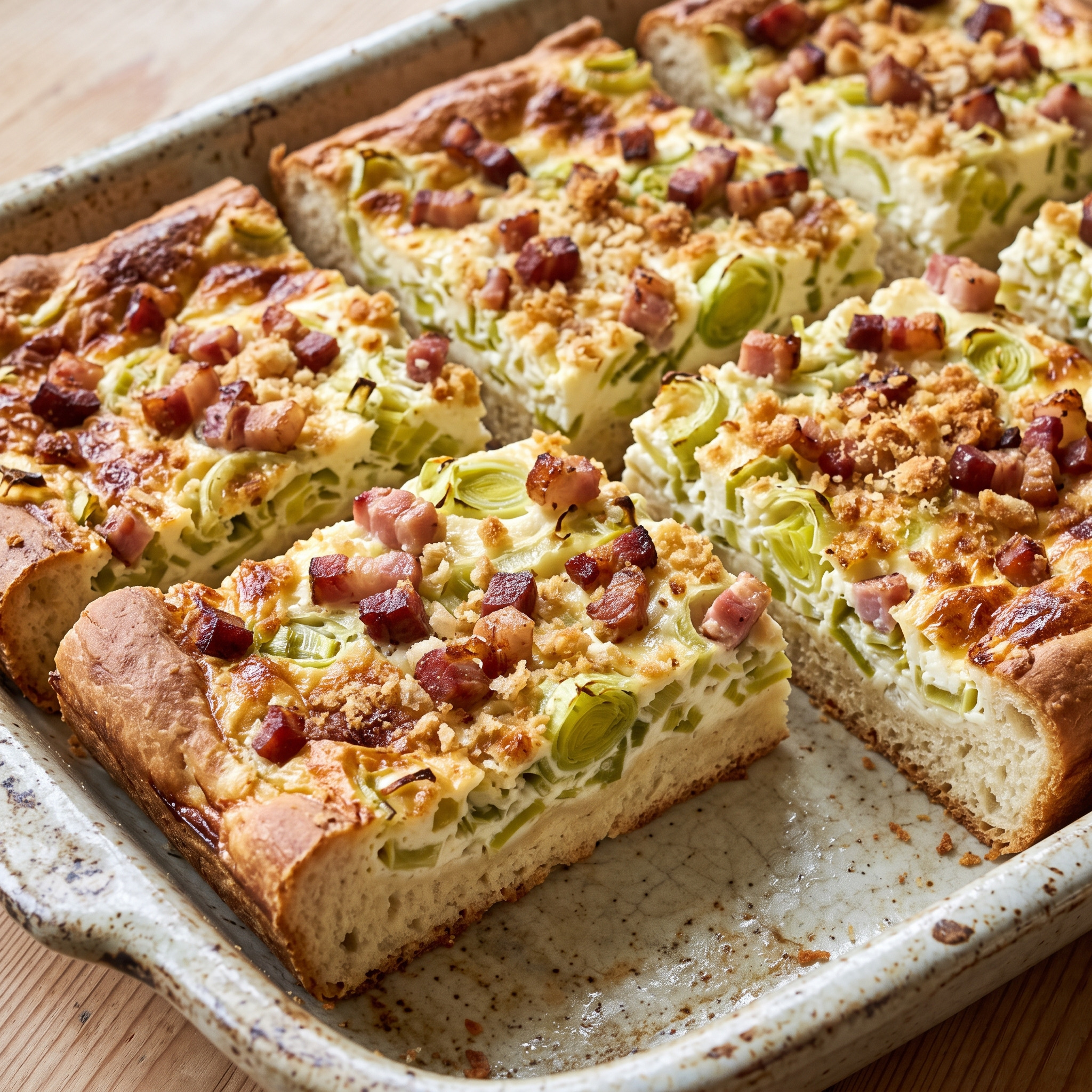 Hessischer Hefeteigkuchen | Hefeteig-Speckkuchen mit Lauch und Schmand | Luftiger Hefeboden, cremiger Schmand und würziger Speck – warm aus dem Ofen.