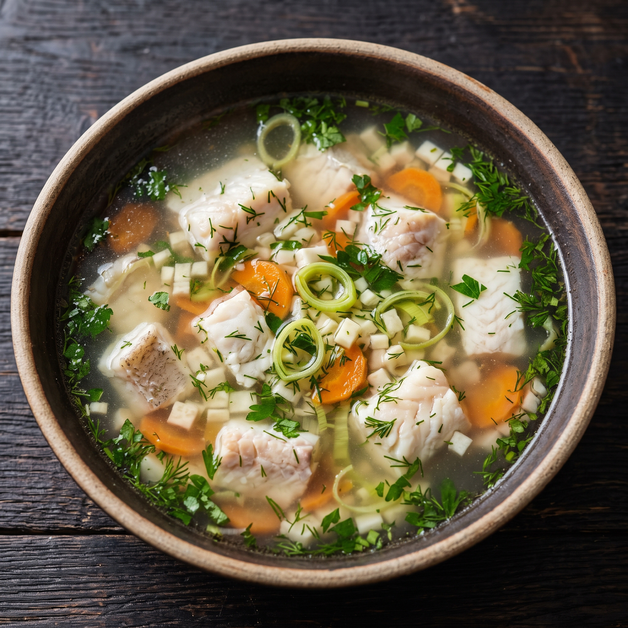 Klare Fischsuppe, Hiddenseer Art | Hiddenseer Fischsuppe | Klarer Fischfond, zarter Fisch, Wurzelgemüse und frischer Dill