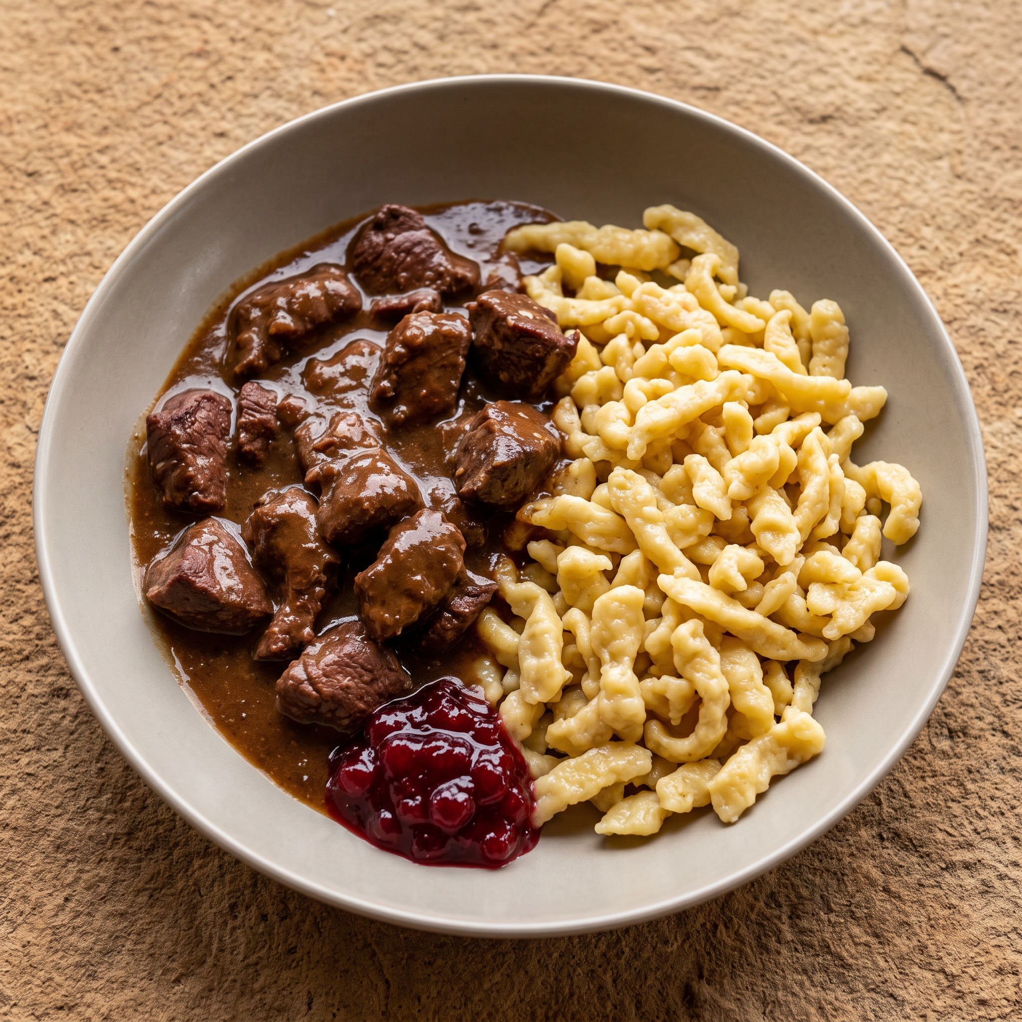 Hirschgulasch mit Spätzle und Preiselbeeren