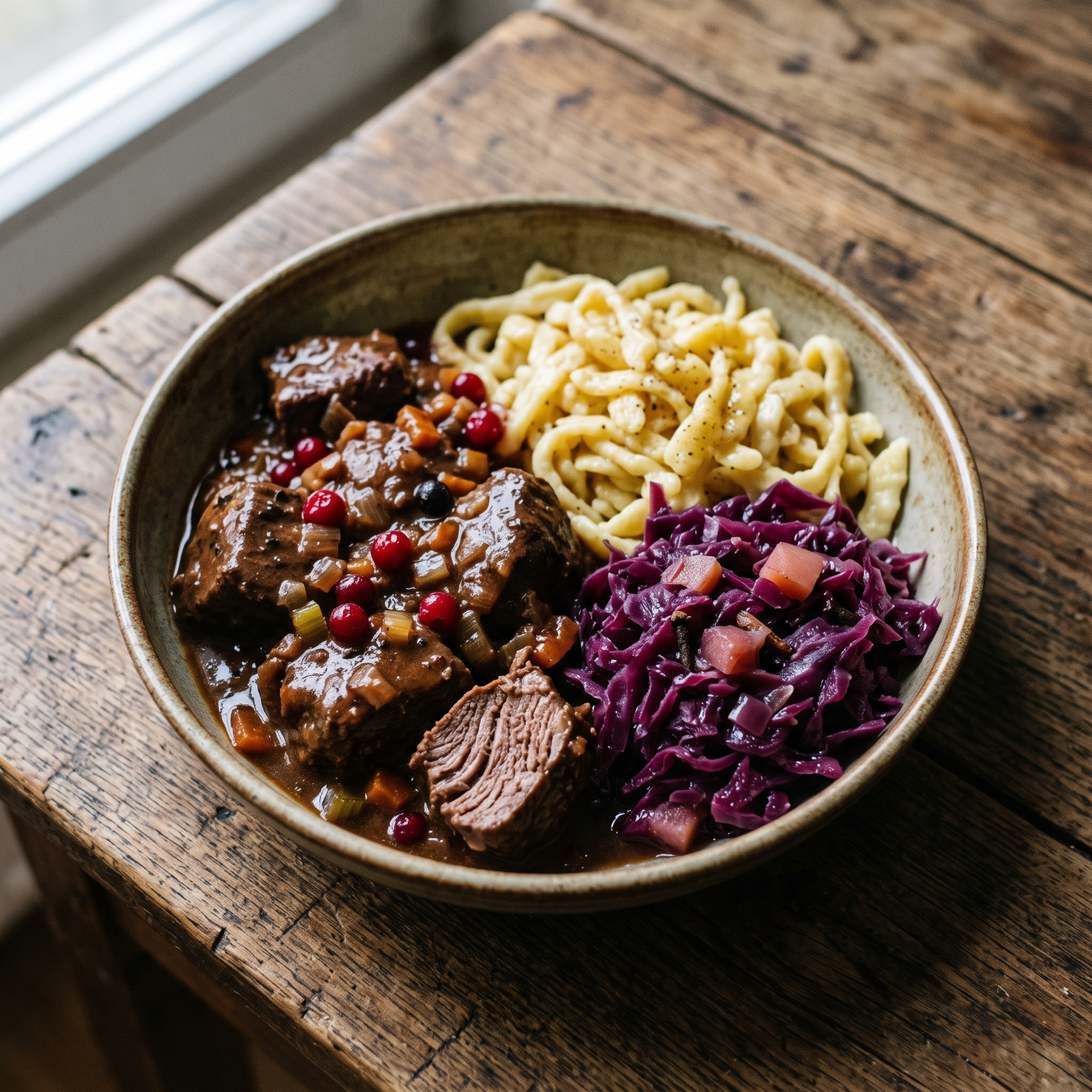 Hirschgulasch mit Spätzle und Rotkohl
