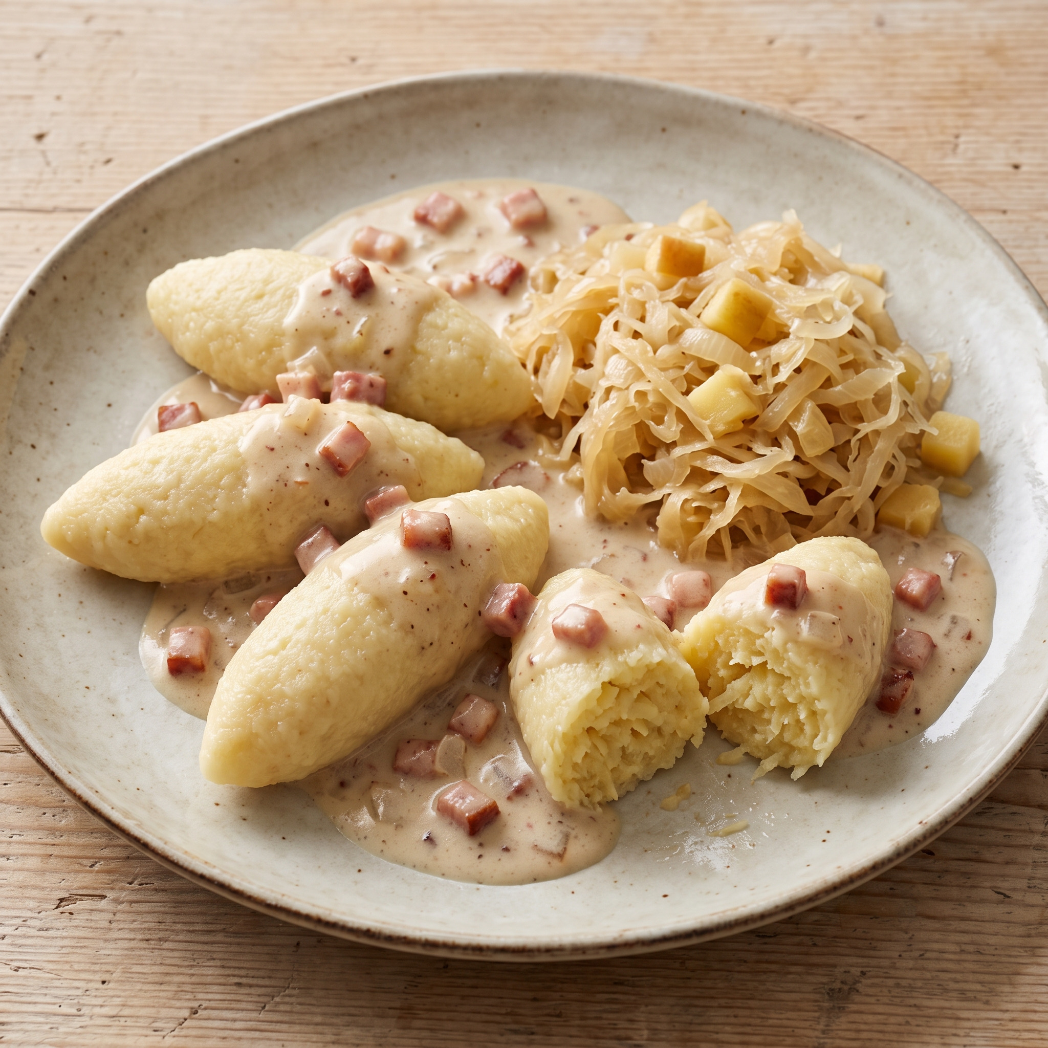Hoorische mit Speckrahmsoße und Sauerkraut