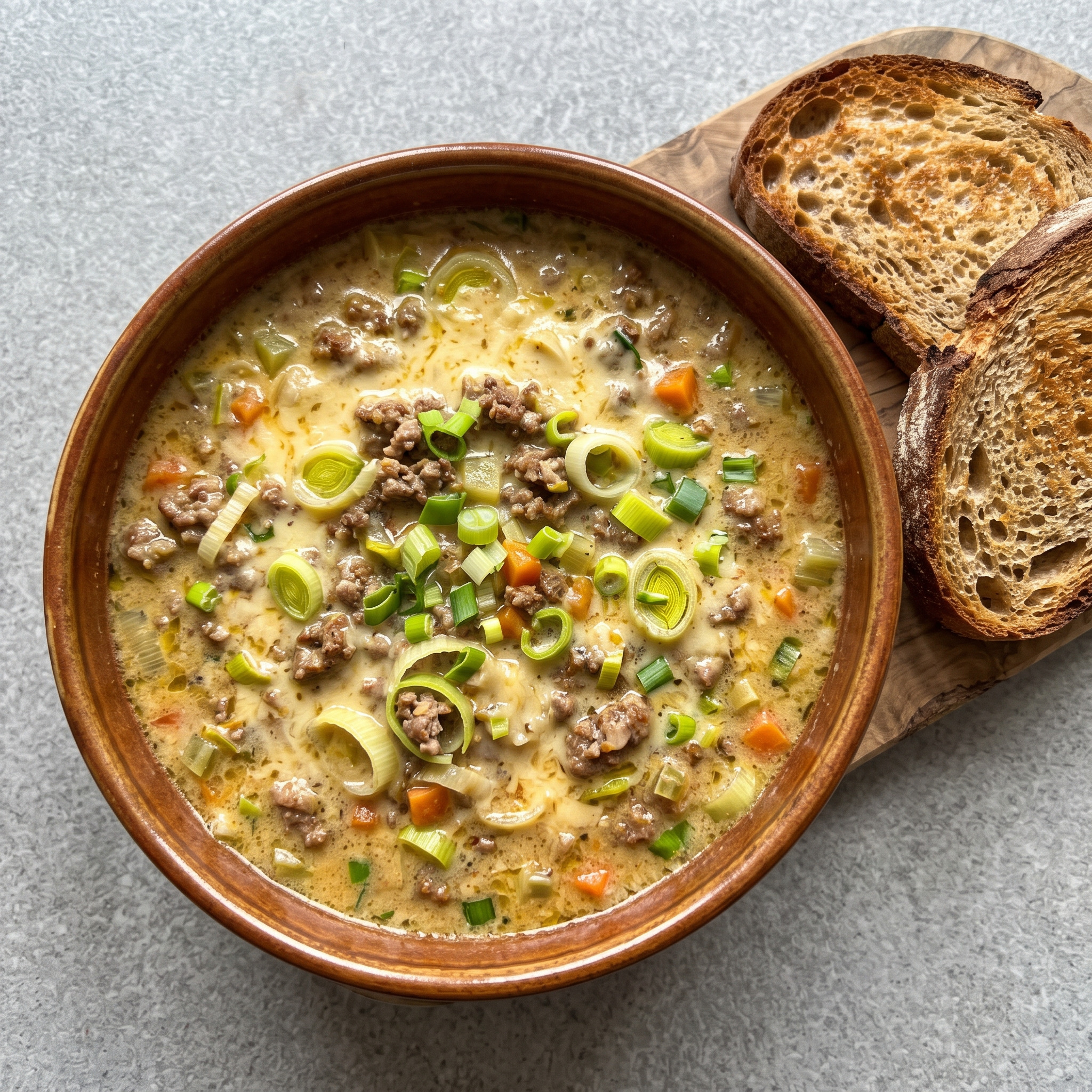 Herzhafte Käse-Lauch-Suppe mit Hackfleisch
