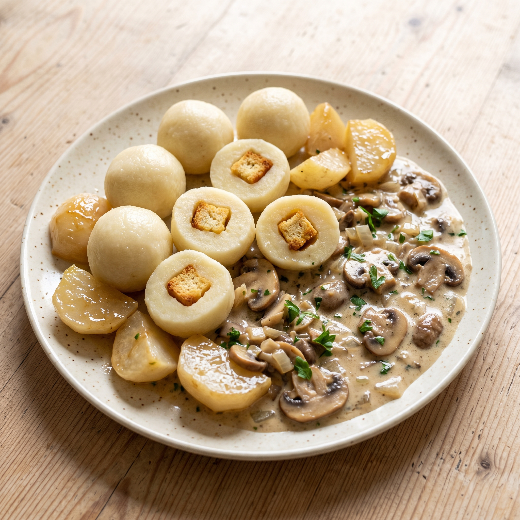 Kartoffelklöße mit Teltower Rübchen und Pilzrahm