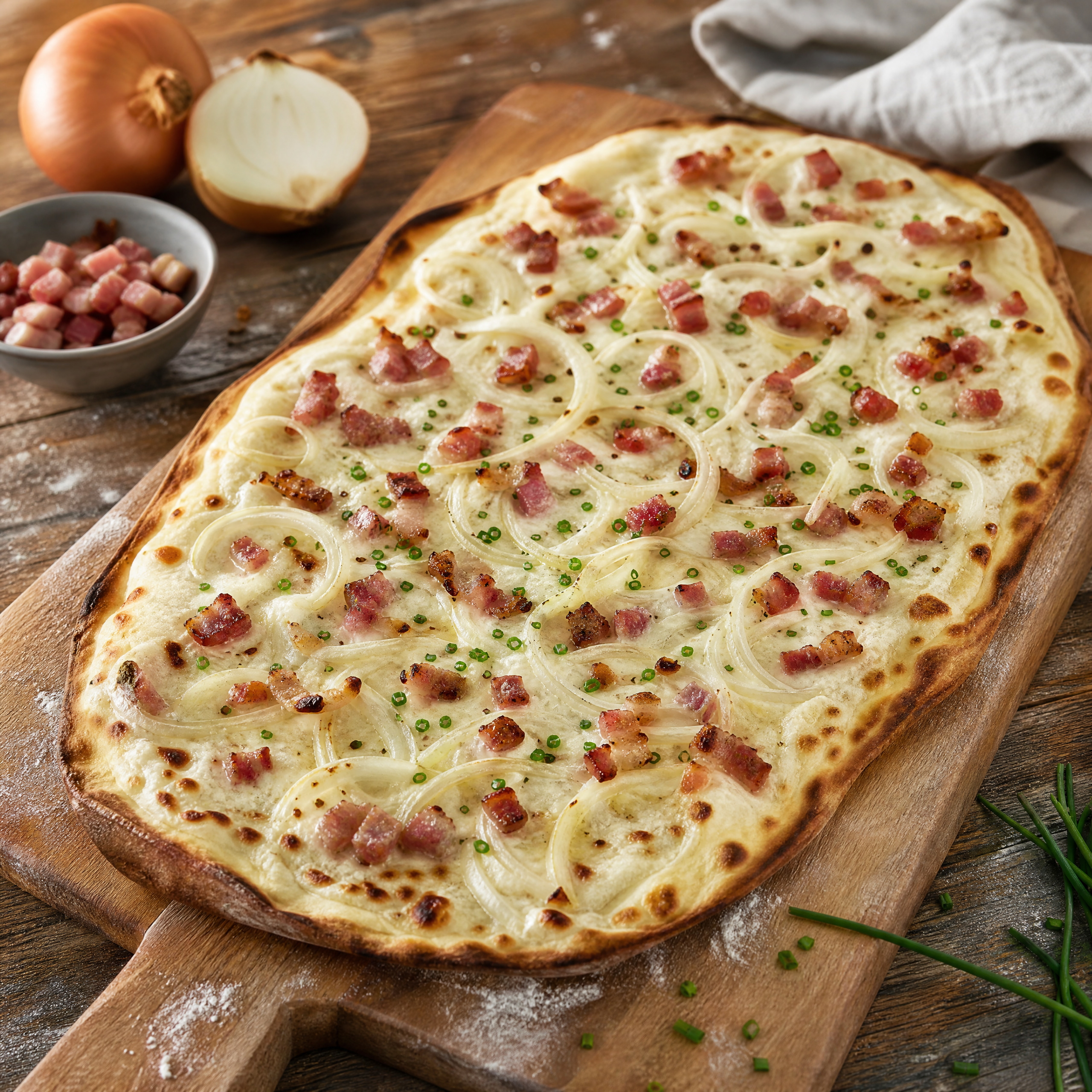 Knuspriger Flammkuchen aus Baden mit Sauerrahm, Zwiebeln und Speck