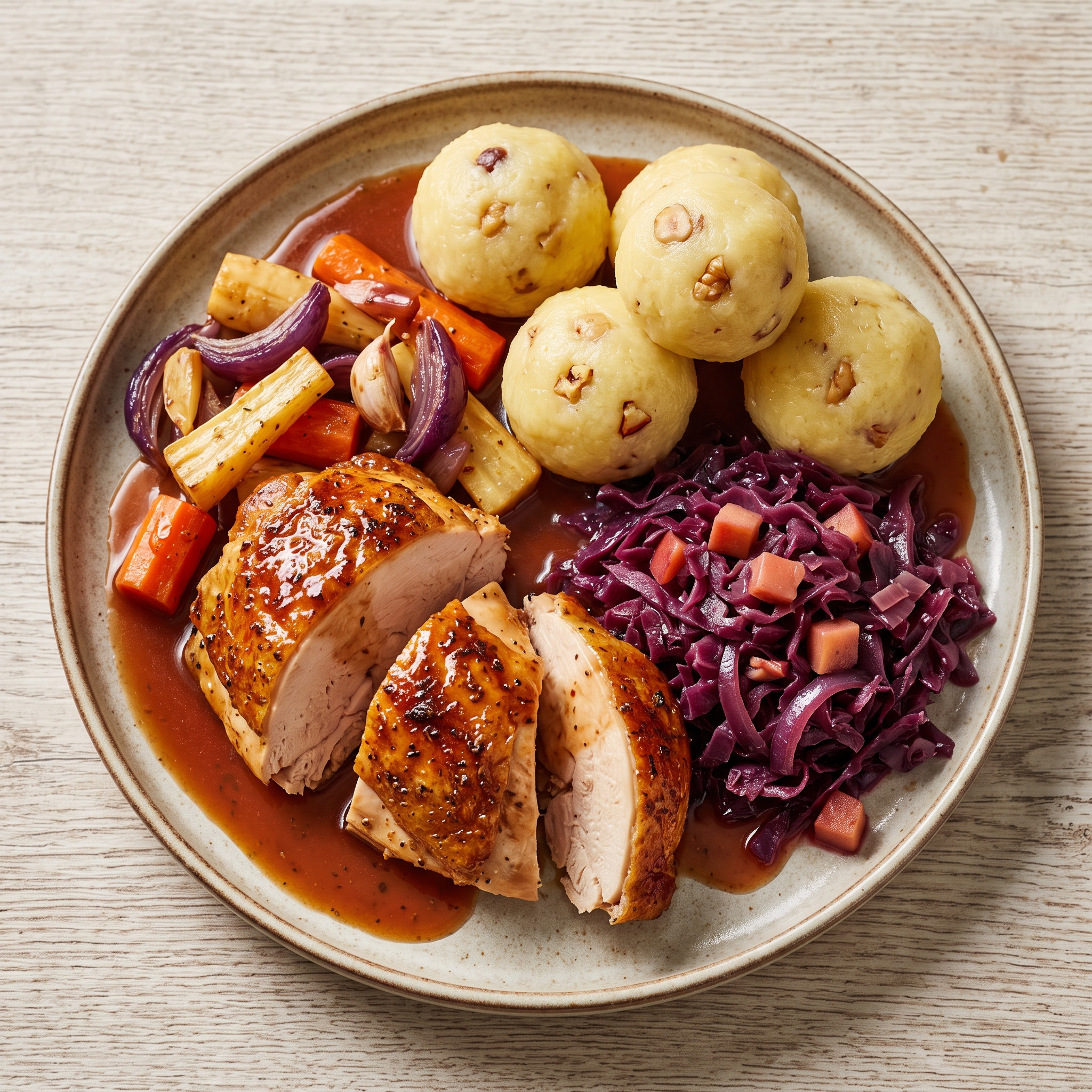 Knuspriges Bauernhuhn mit Knödeln und Rotkohl