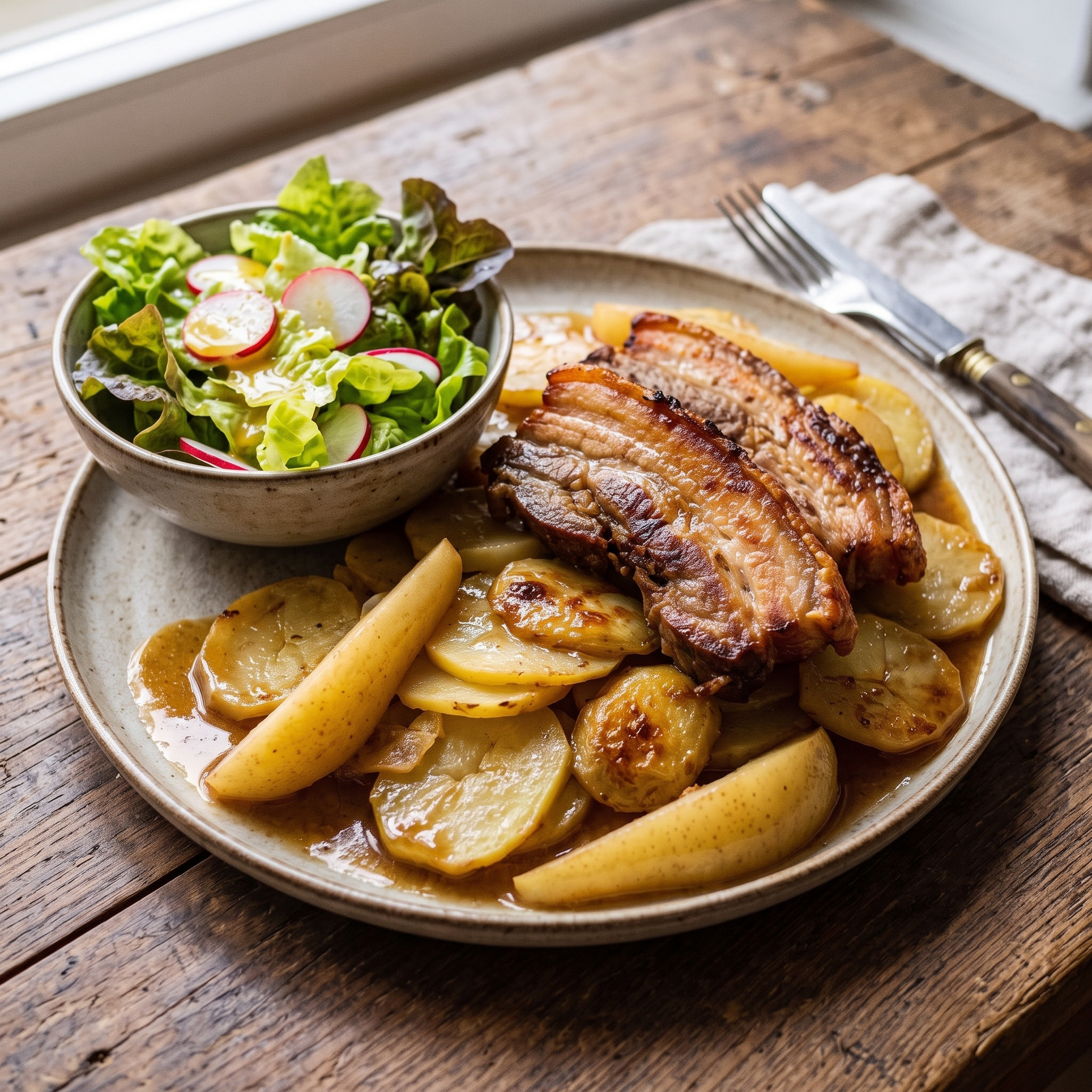 Sachsen-Anhalt · Schmorpfanne | Köthener Schusterpfanne mit Schweinebauch | Herzhafter Schweinebauch trifft süße Kochbirnen und knusprige Kartoffeln.