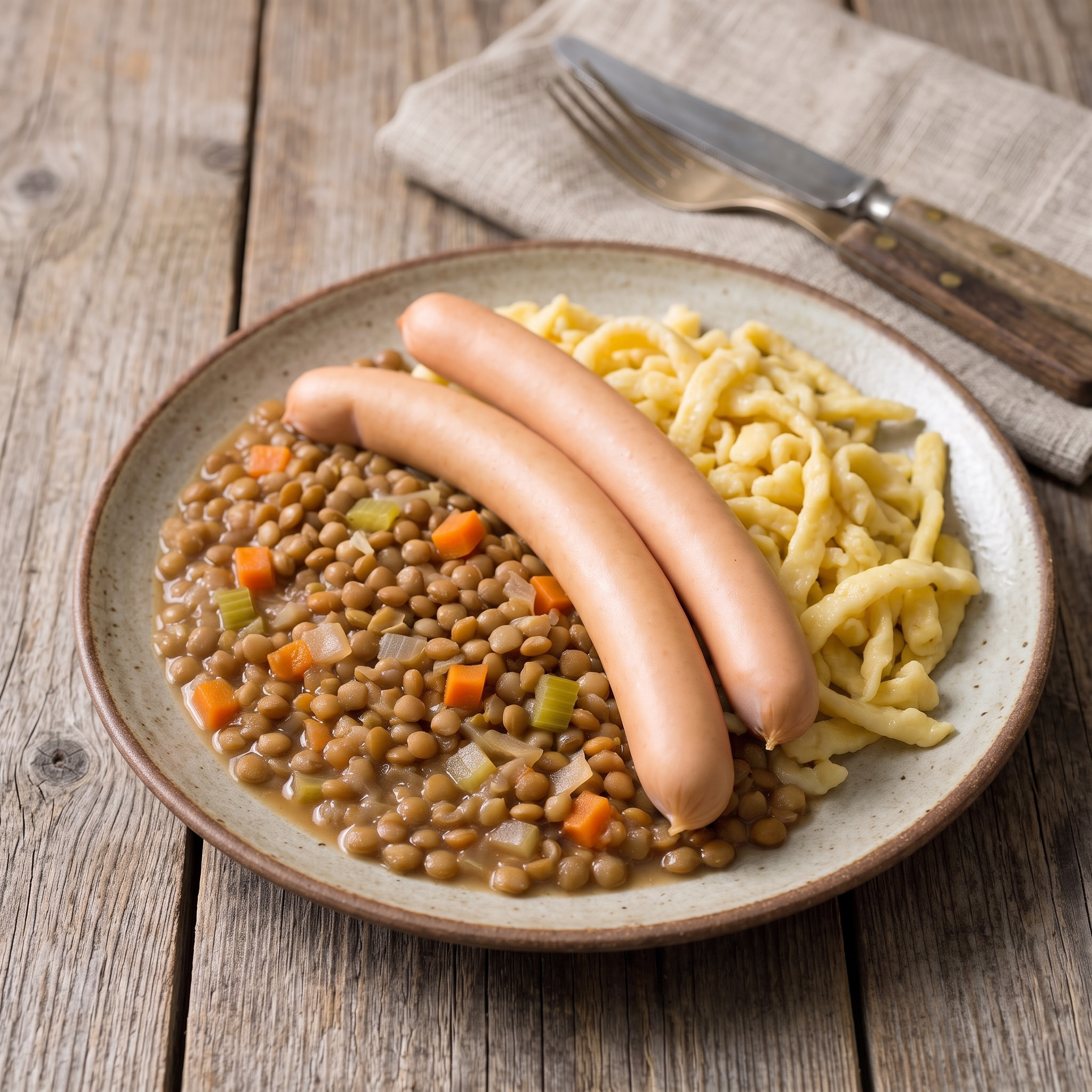 Schwäbisches Tellergericht | Linsen mit Spätzle und Saitenwürstchen | Cremige Linsen, weiche Spätzle und heiße Saitenwürstchen – herzhaft sättigend