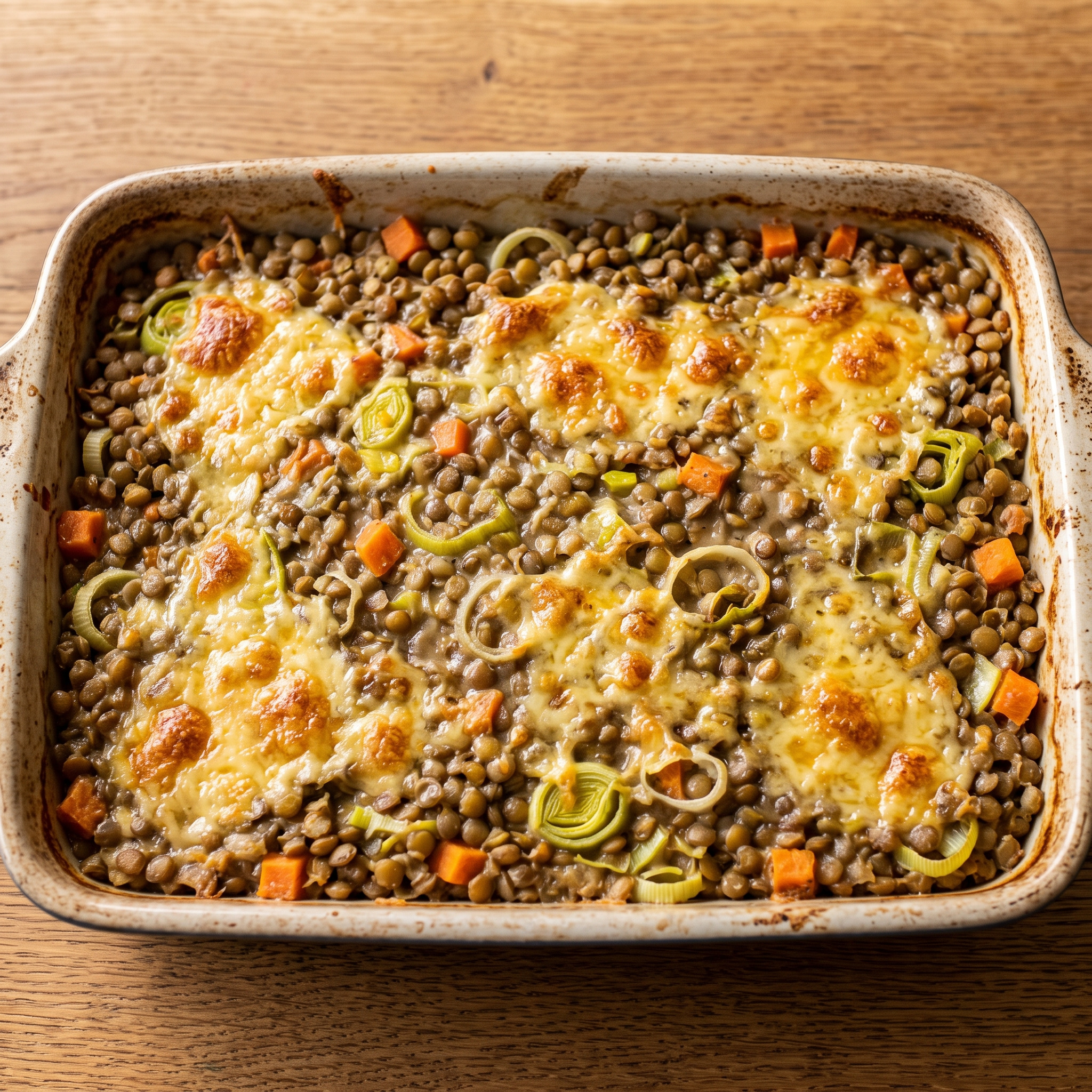 Linsenauflauf mit Lauch, Möhren und Bergkäse