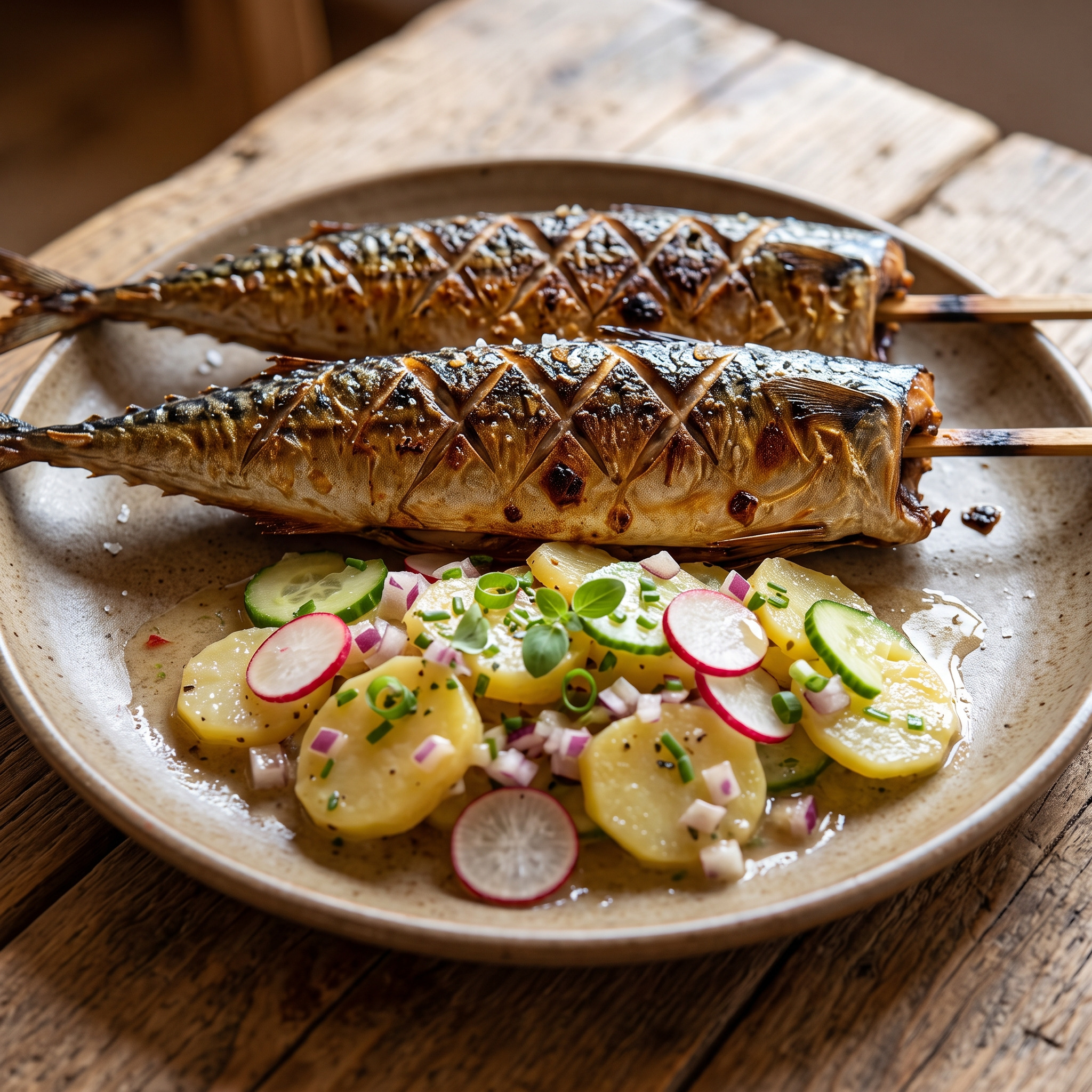 Makrelen-Steckerlfisch mit bayerischem Kartoffelsalat