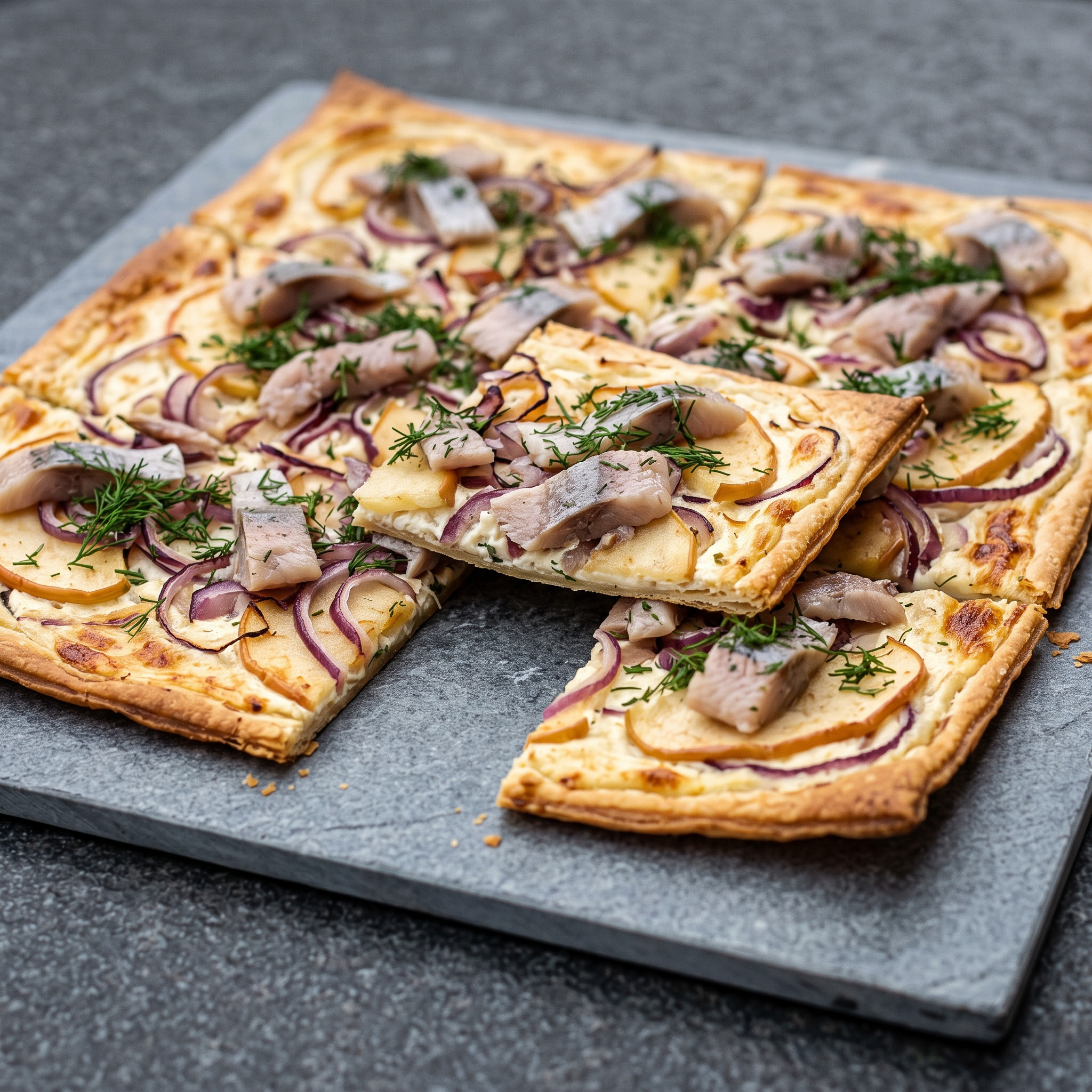 Matjes-Flammkuchen mit Apfel und Zwiebel