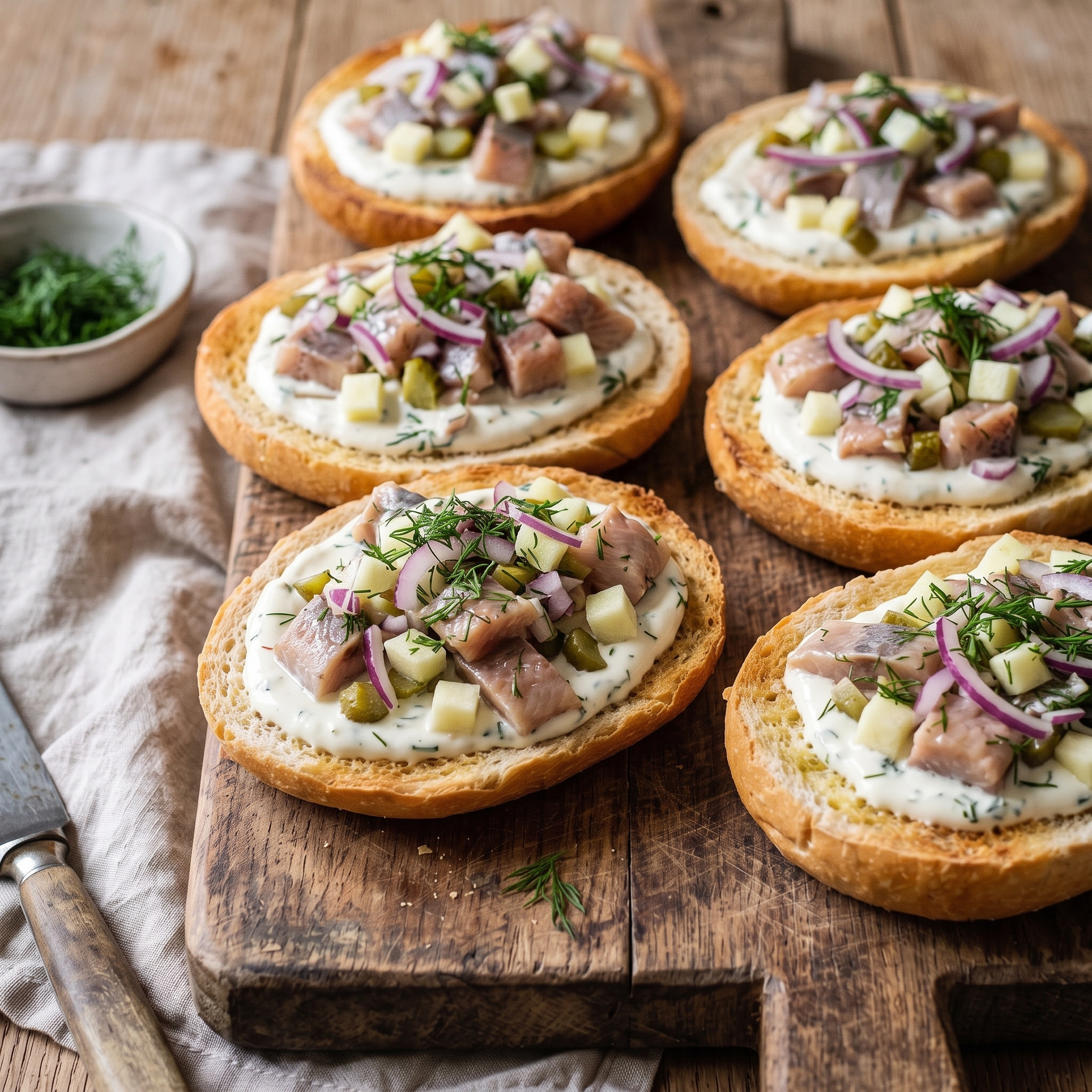 Hamburger Fisch-Vesper | Matjesbrötchen mit Hausfrauensauce | Cremige Apfel-Zwiebel-Soße mit knackiger Gurke und zartem Matjes im Brötchen.
