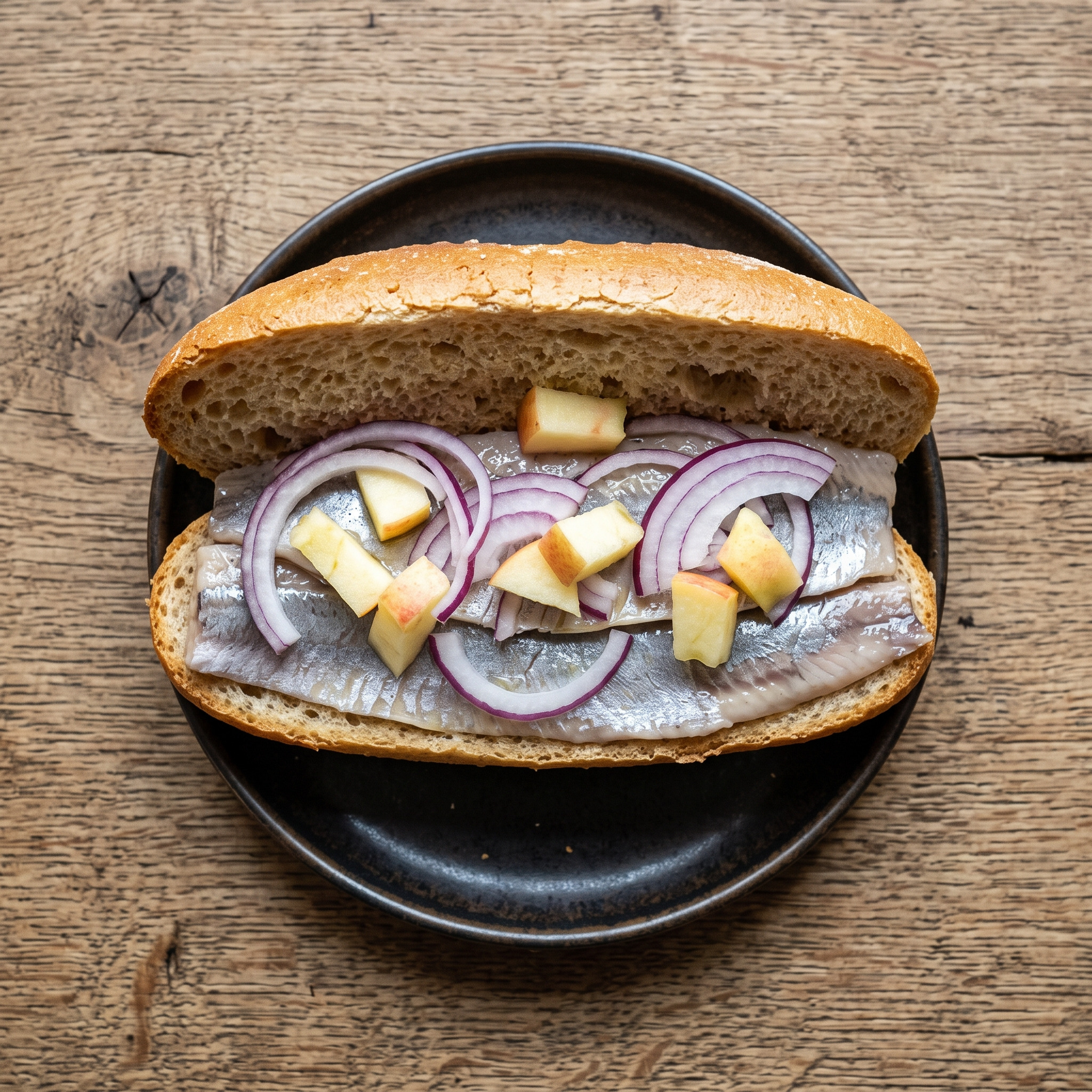 Matjesbrötchen mit Zwiebeln und Apfel
