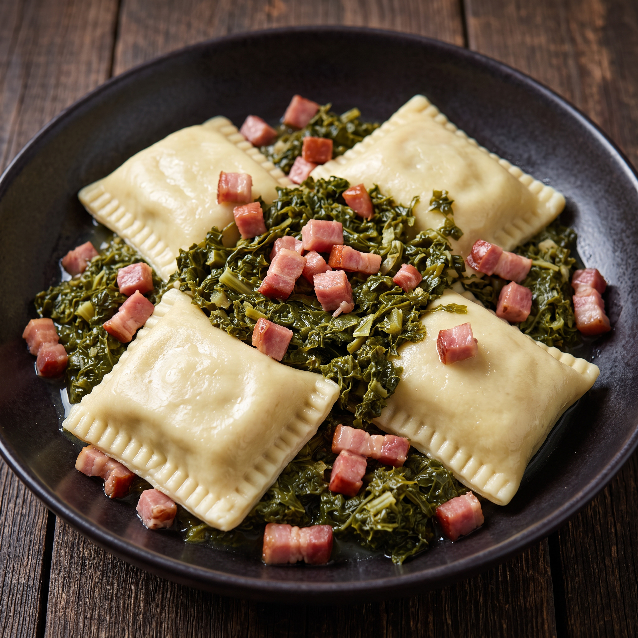 Maultaschen mit Grünkohl und Katenschinken
