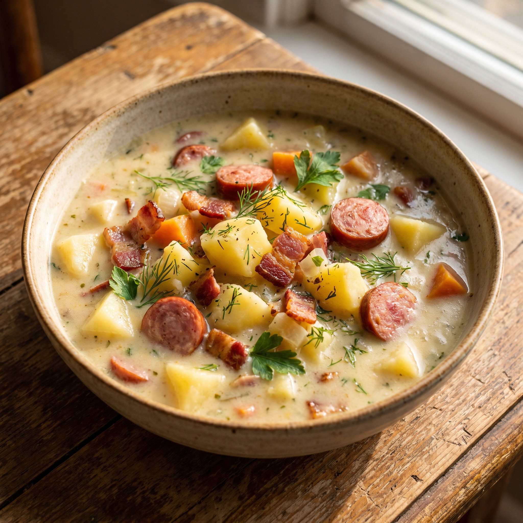 Mecklenburg-Vorpommern | Mecklenburger Kartoffelsuppe | Deftig, cremig und mit aromatischem Speck und Suppengemüse zubereitet.