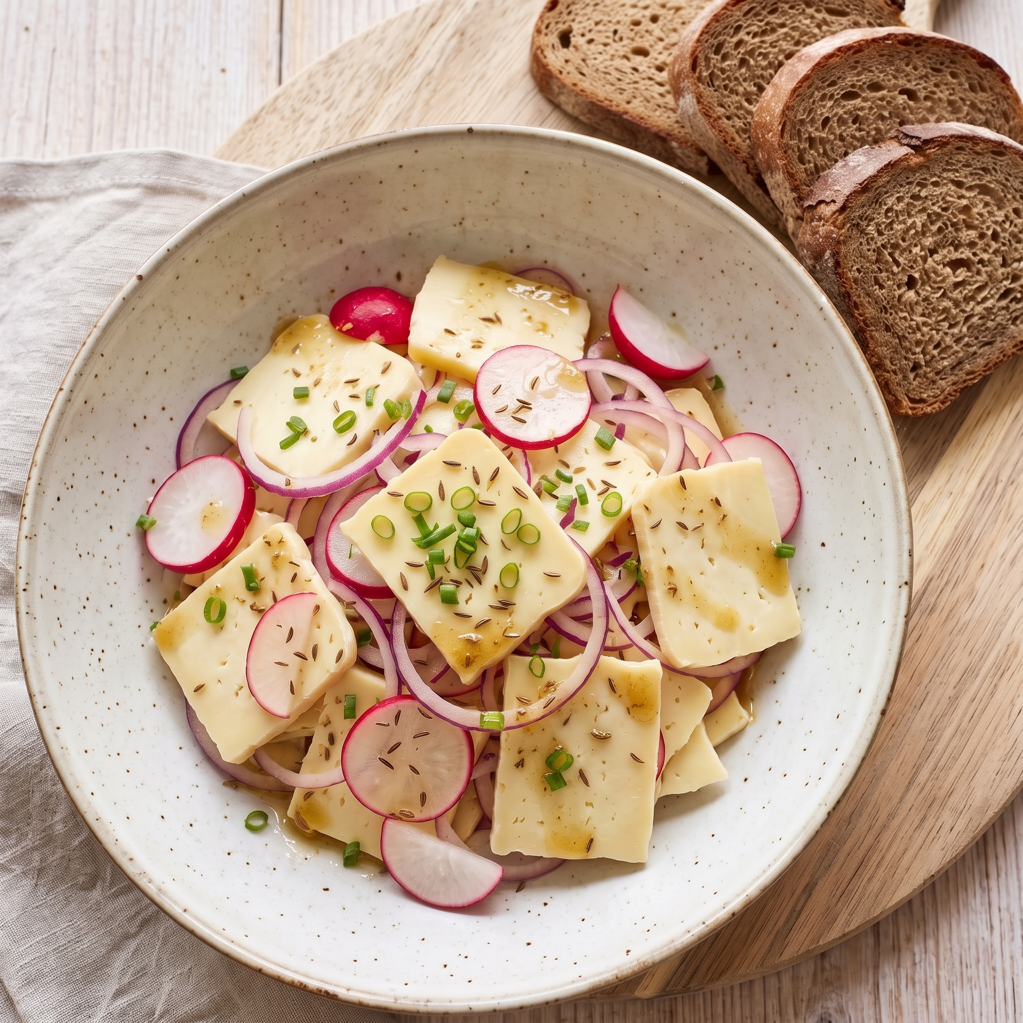 Niedersachsen · Sättigender Käsesalat | Niedersächsischer Harzer Käsesalat | Würziger Harzer Käse, Zwiebeln und Radieschen in feiner Senfmarinade