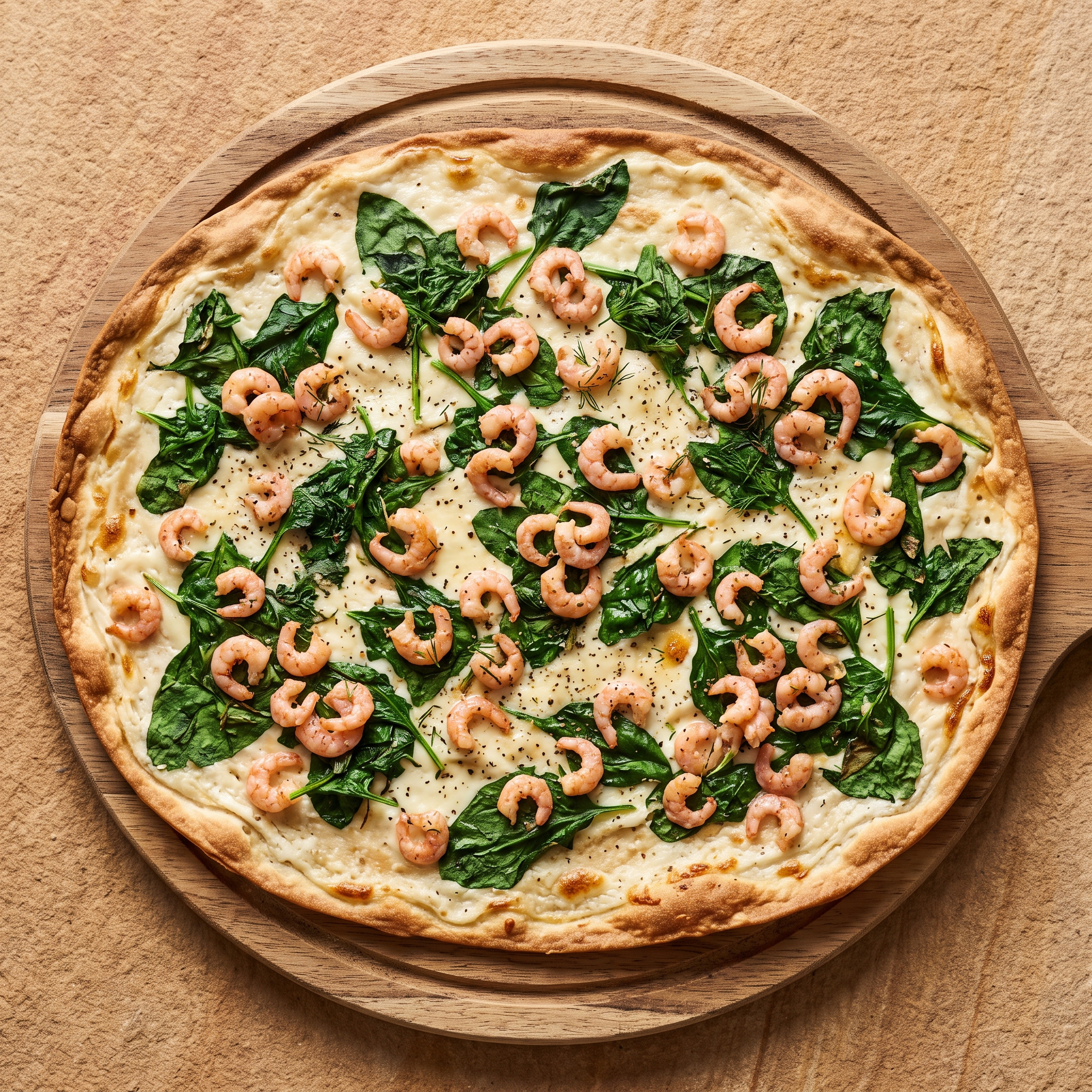 Nordseekrabben-Flammkuchen mit Spinat