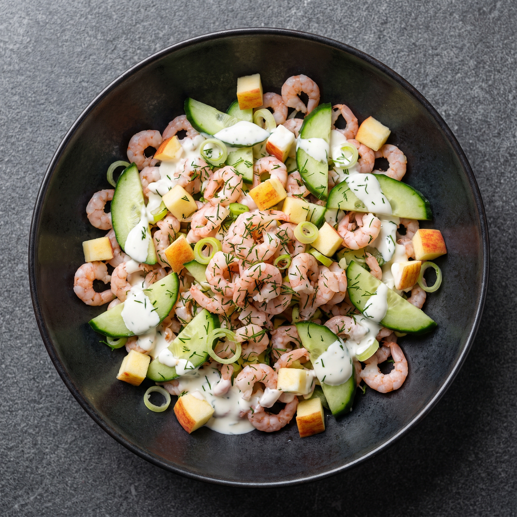 Norddeutscher Frischsalat | Nordseekrabbensalat mit Gurke und Apfel | Zarte Krabben, knackige Gurke und säuerlicher Apfel im Dill-Dressing