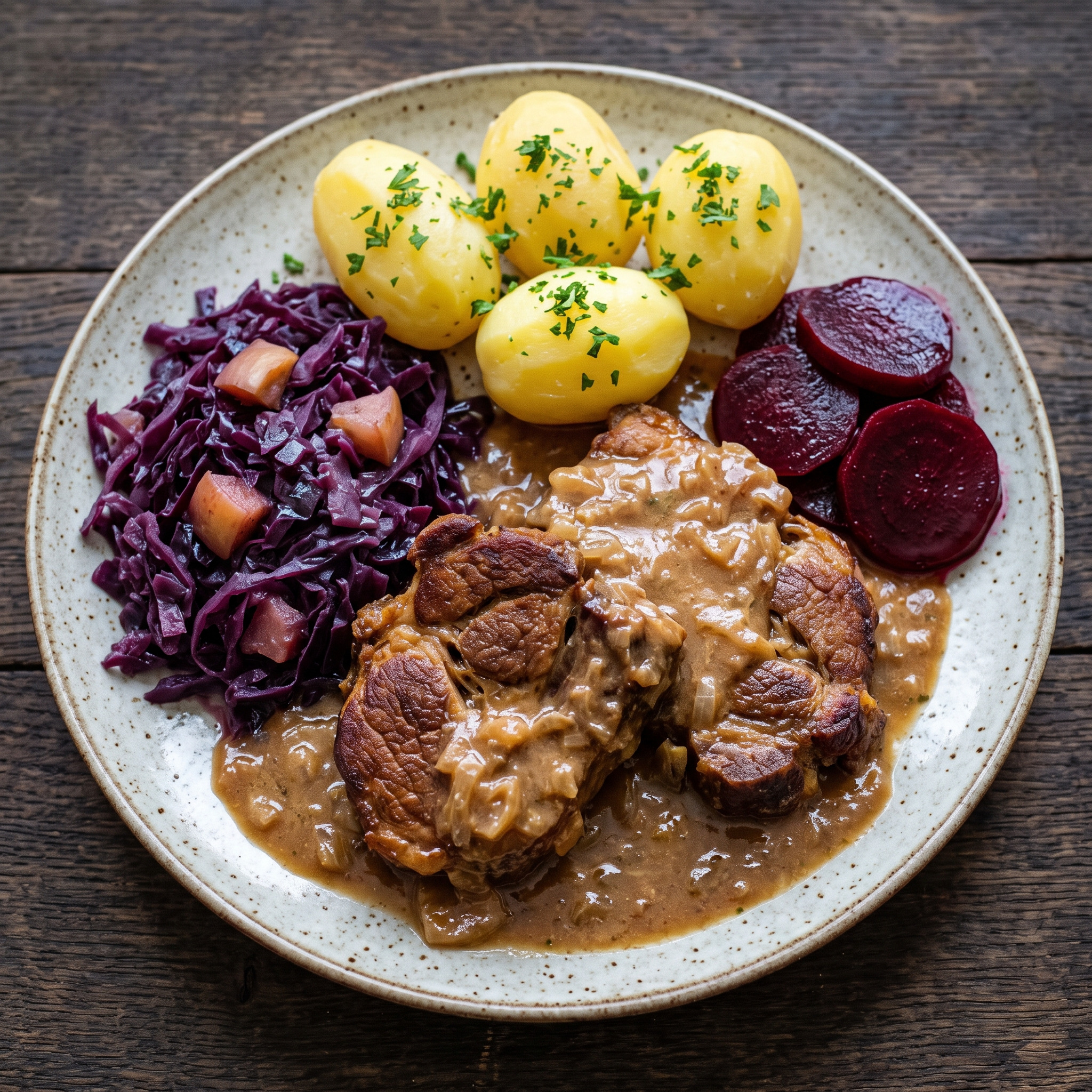 Ostfriesischer Snirtjebraten mit Rotkohl und Salzkartoffeln