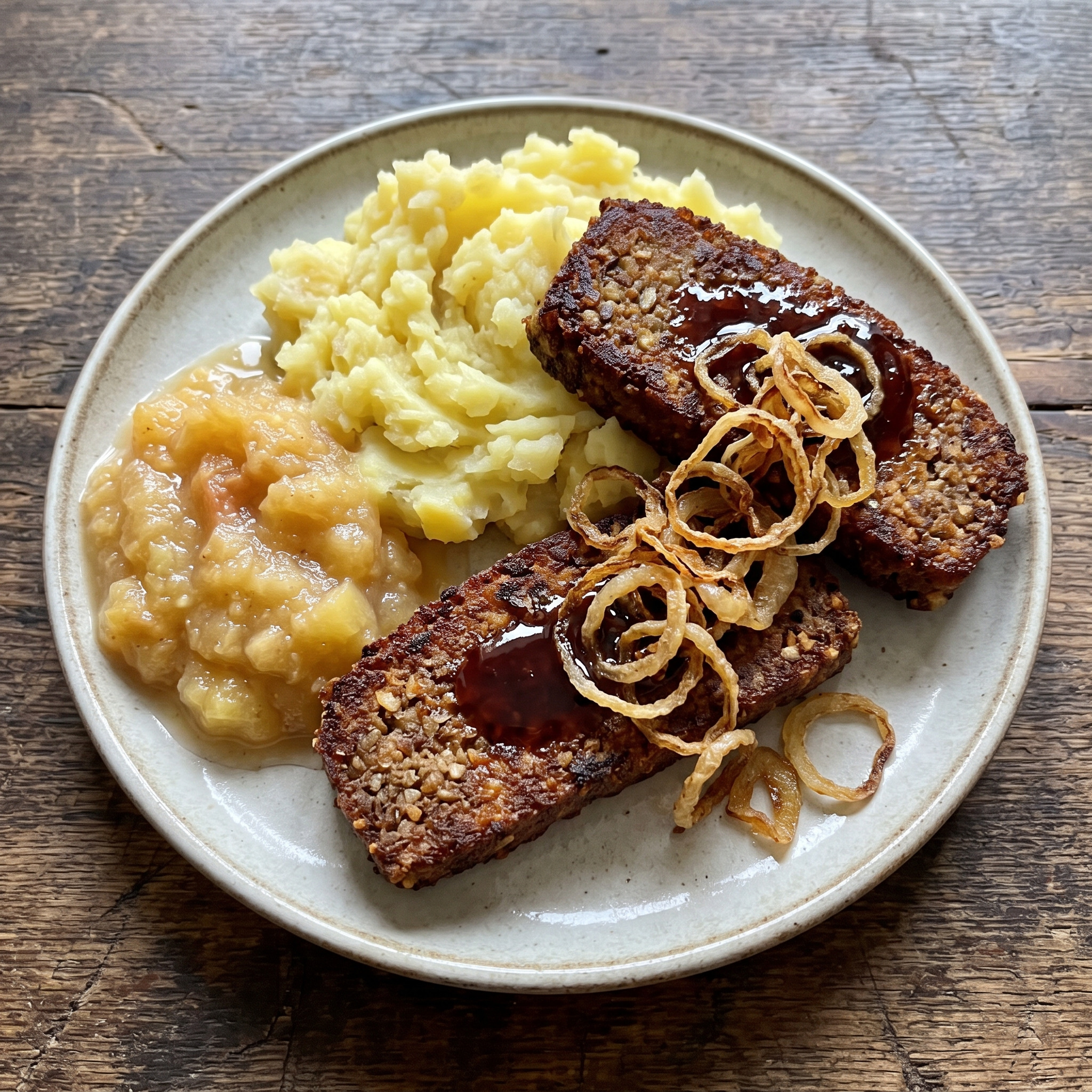 Panhas mit Kartoffelpüree, Apfelkompott und Röstzwiebeln
